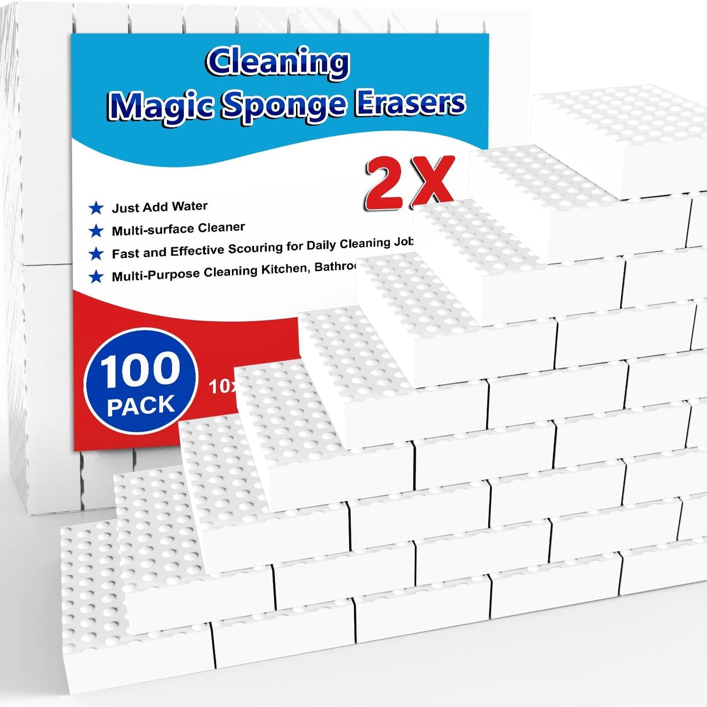 Magic Sponge Erasers, 100 Pack 2X Density Stronger Melamine Sponge Foam Pads, Multi-Functional Household Cleaning Cleaner for Kitchen, Bathroom, Bathtub, Sink, Wall Cleaner