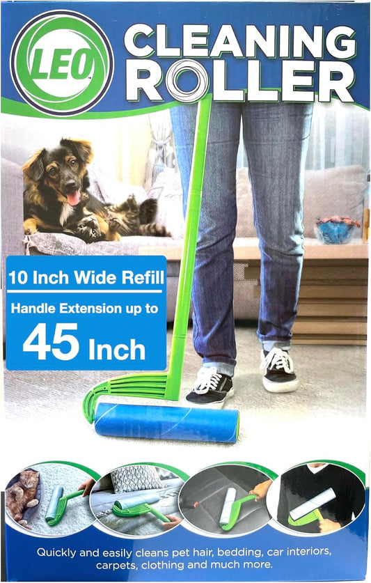 Leo 10-Inch Wide Lint Roller with Extendable Handle, Includes 1 Refill (25 Sheets), Extra Sticky for Pet Hair, Carpet & Floor Cleaning (1 Mega Roller)