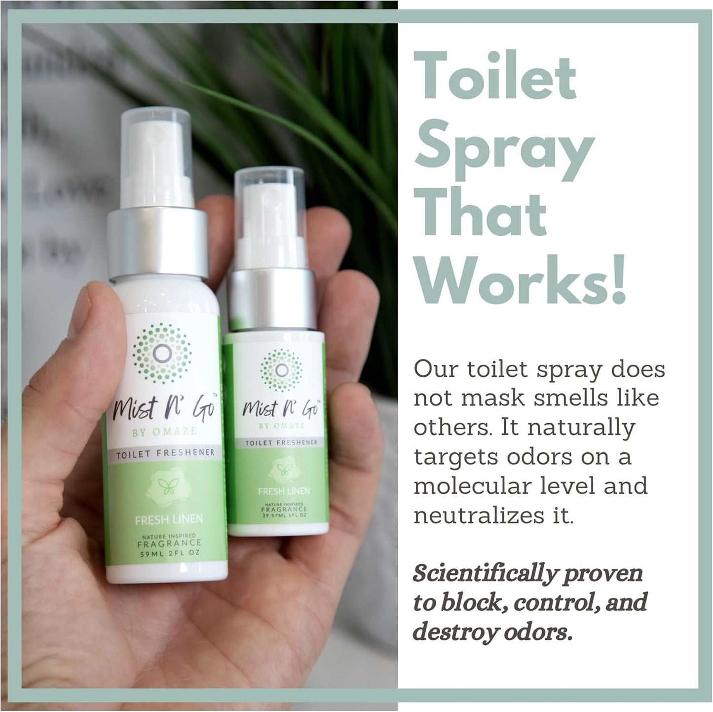 Mist N' Go by Omaze Travel Bathroom Spray - Toilet Odor Eliminator & Air Freshener - Fresh Linen (1oz x2)
