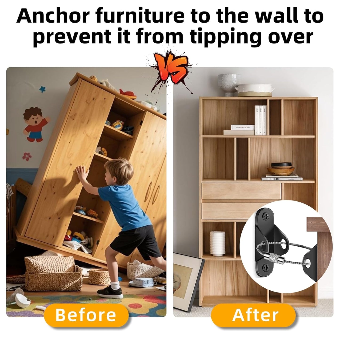 10-Pack Baby Proof Heavy Duty Furniture Anchors for Dressers, Bookcases and TV Cabinets 400LB Anti Tip Kit with Stainless Steel Hardware Shock Straps (Black)