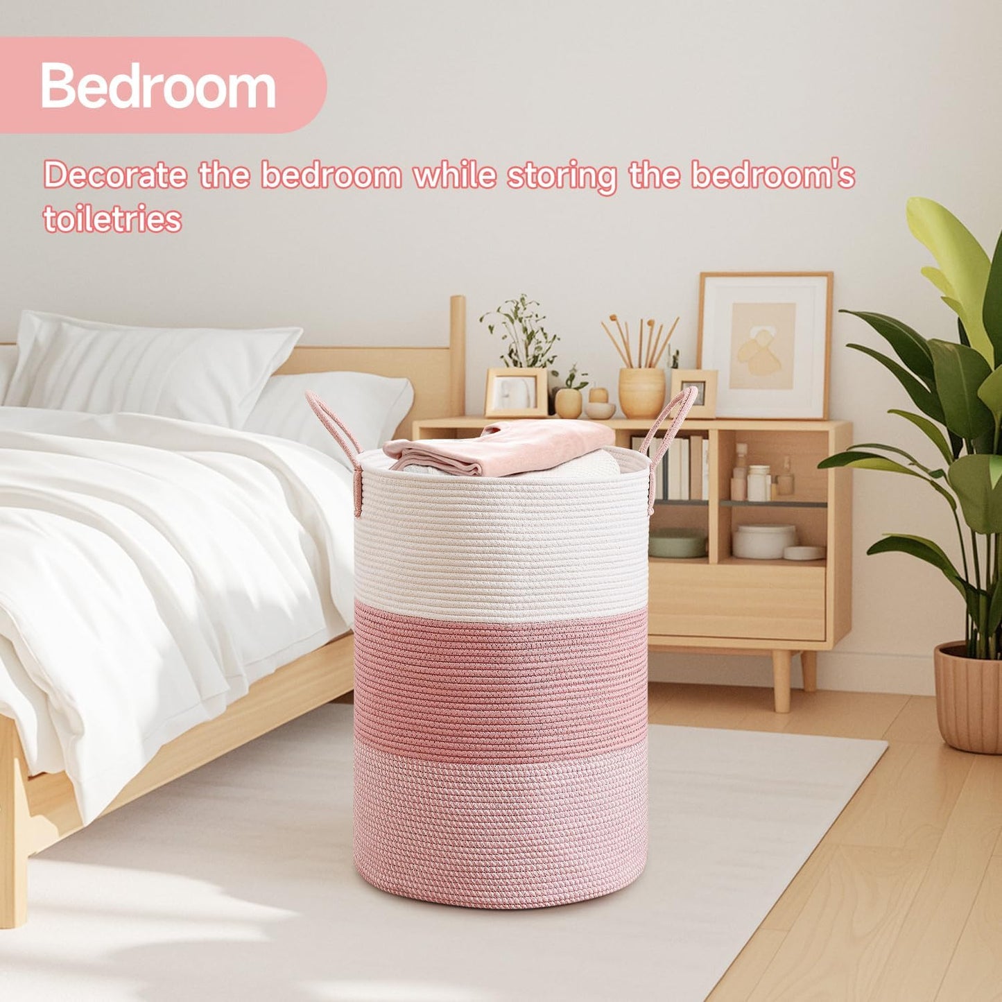 CLHMILY&Z 80L Laundry Basket Round Storage Rope Basket - 16.5x22.5 Inches - Pink Hamper in Bedreoom and Cute Storage Bin for Blankets, Toys, and Nursery Essentials