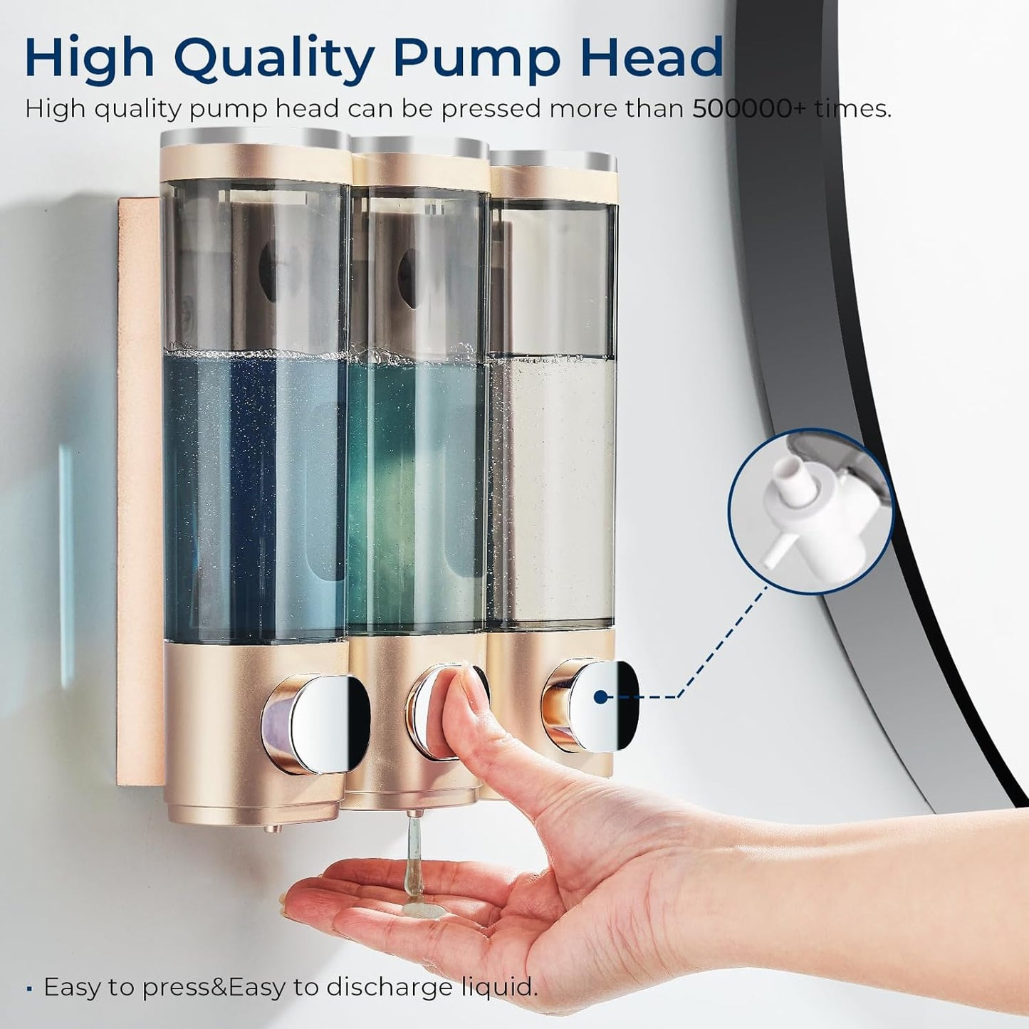 pollock Shampoo Conditioner Dispenser Shower Soap Dispenser 3 Chamber No Drill Shampoo Dispenser for Shower Wall Mounted Shampoo Conditioner Body Wash Dispenser for Bathroom Hotel Gold