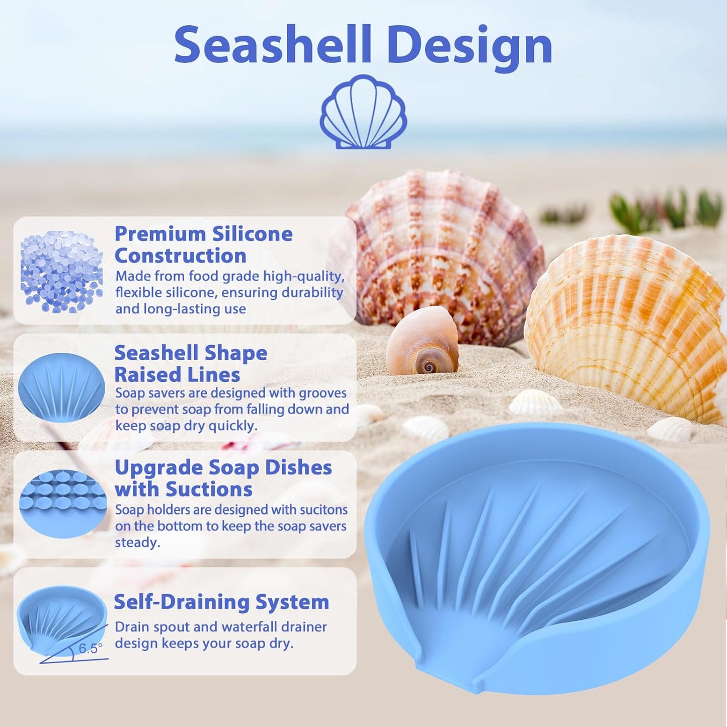 Self Draining Soap Dish, Silicone Suction Cup Soap Holder Tray Savers Container Sponge Holder for Bar Bathroom Shower Kitchen Sink, Can Extend Soap Life (2, Sky)