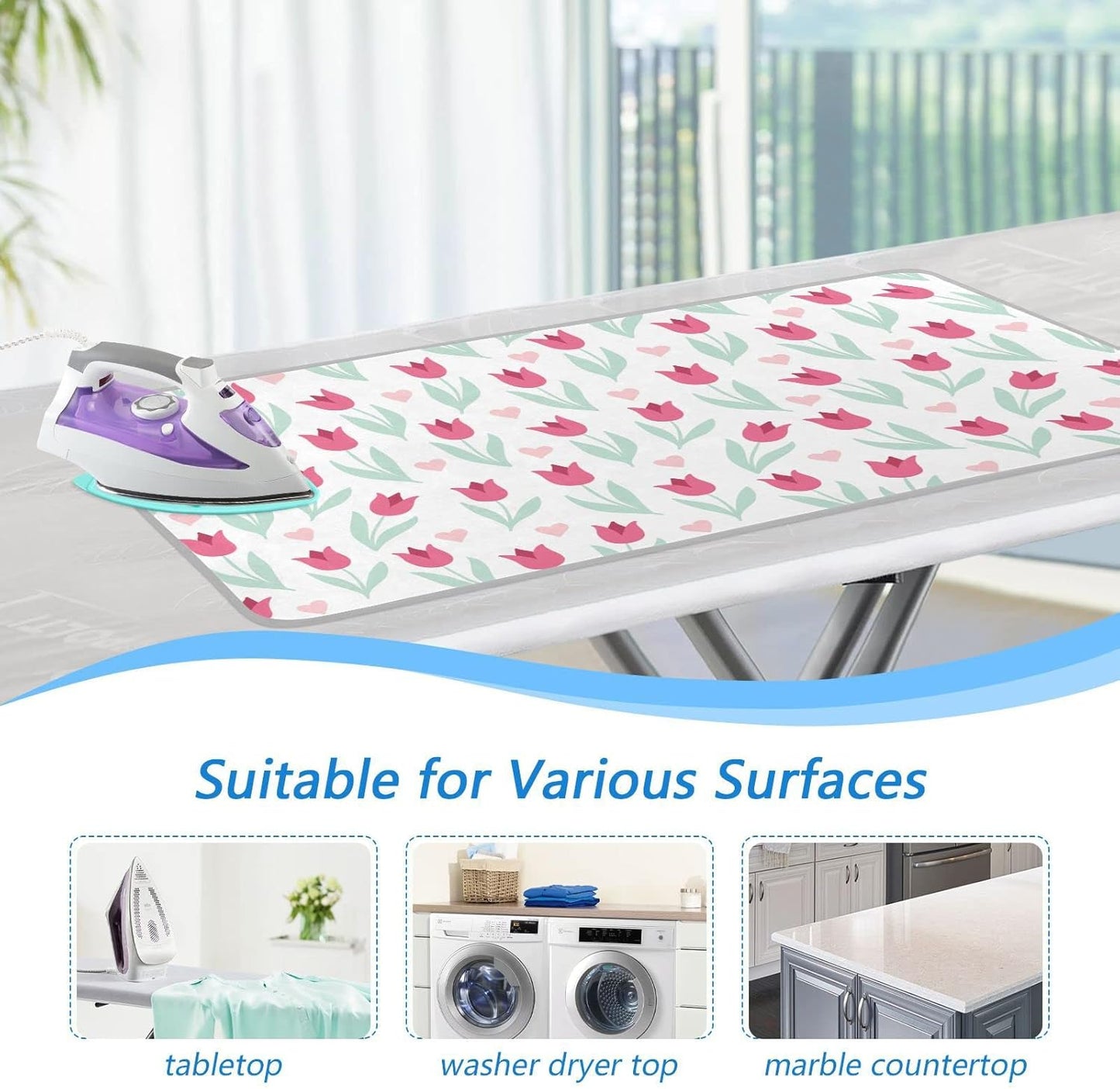Ironing Mat Portable Ironing Pad Ironing Blanket for Table Top Heat Resistance Double-Side Using Travel Large 47.2 x 27.6 Inch Foldable Lightweight Cute Flower