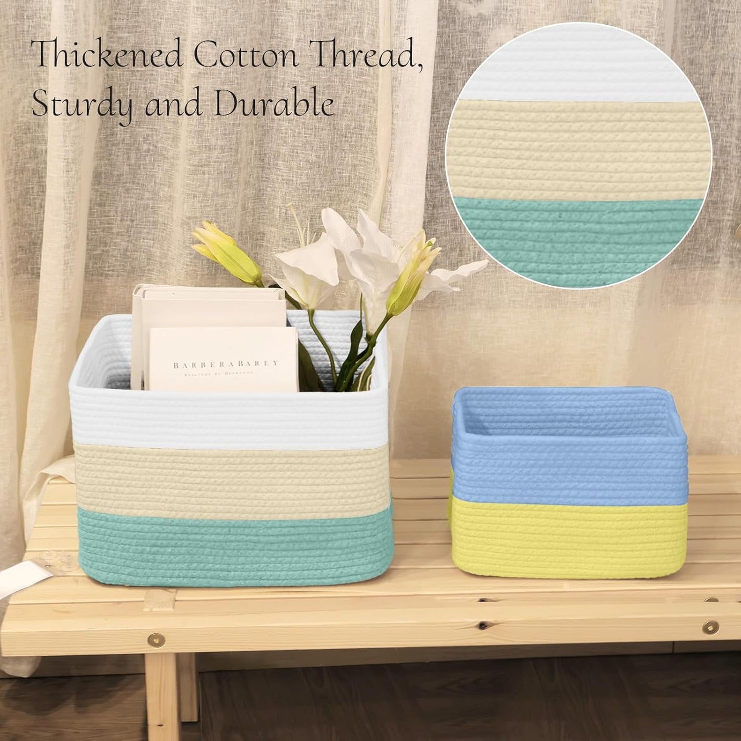 Hopegiver Woven Storage Baskets 15x11x10 Inch, 1 Pack Collapsible Cube Storage Bin for Shelves - Foldable Cotton Rope Organizer Bins for Towels, Toys, Books, Closet, Nursery (White Cream Green)