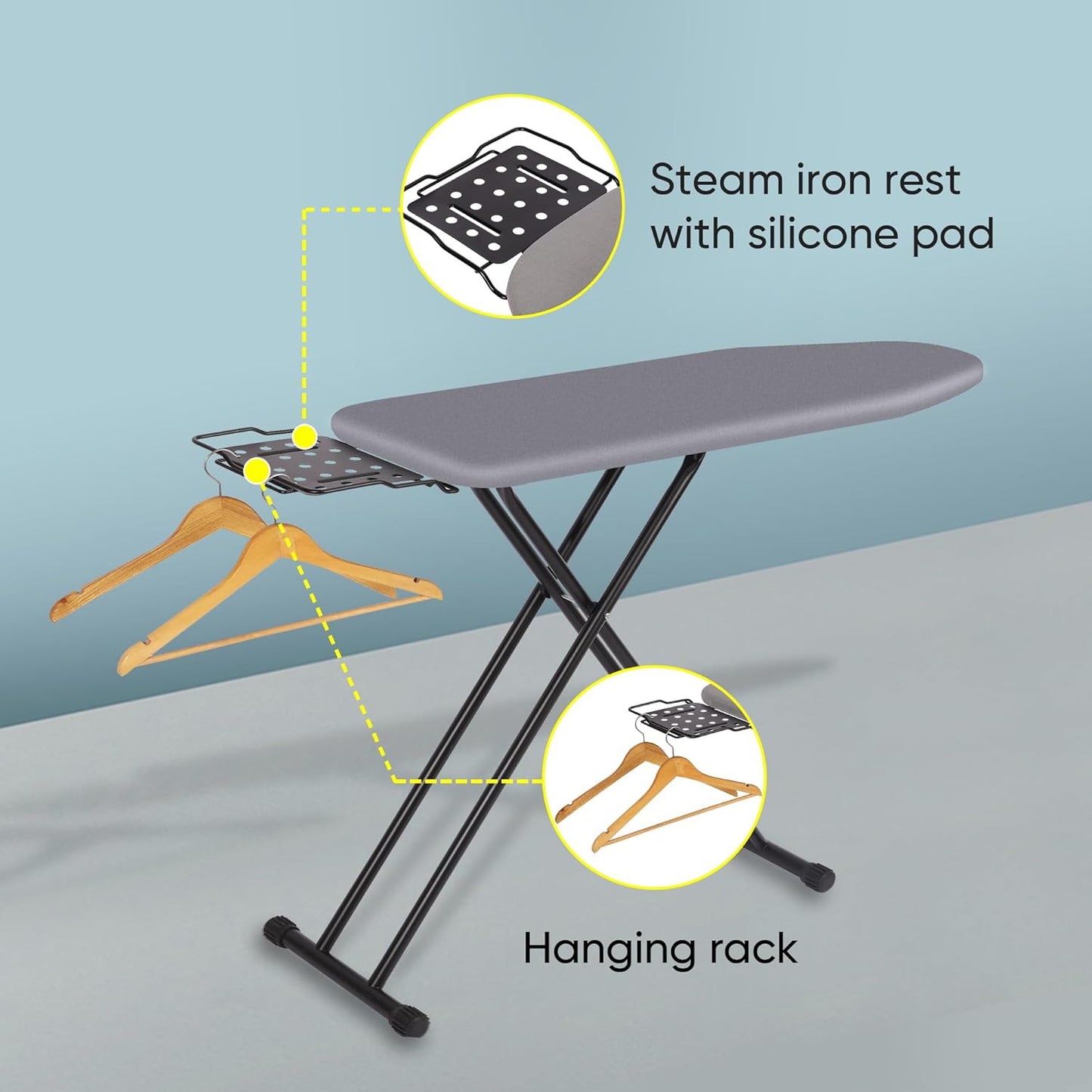 Deluxe Ironing Board with Heat Resistant Cover and Thicken Felt Pad, Heavy Sturdy Legs,Full Size Hanger Iron Board,Foldable (L-Grey)