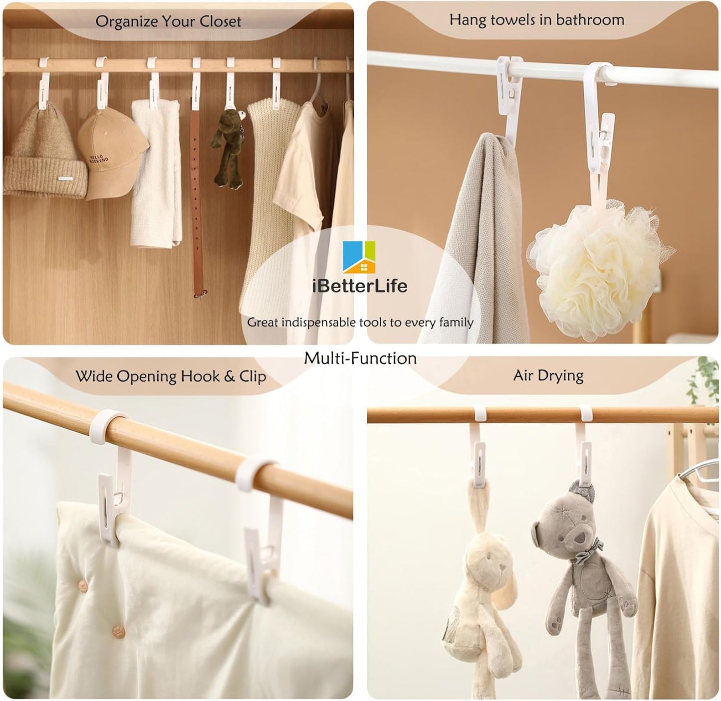 iBetterLife Laundry Hooks Hanging Clips - 4Pcs Heavy Duty Outdoor Clothes Pins, Closet Organizer Single Clip Hangers Clamps Socks Boot Bras Underwear Kids Towels for Bathroom Wardrobe Kitchen Office