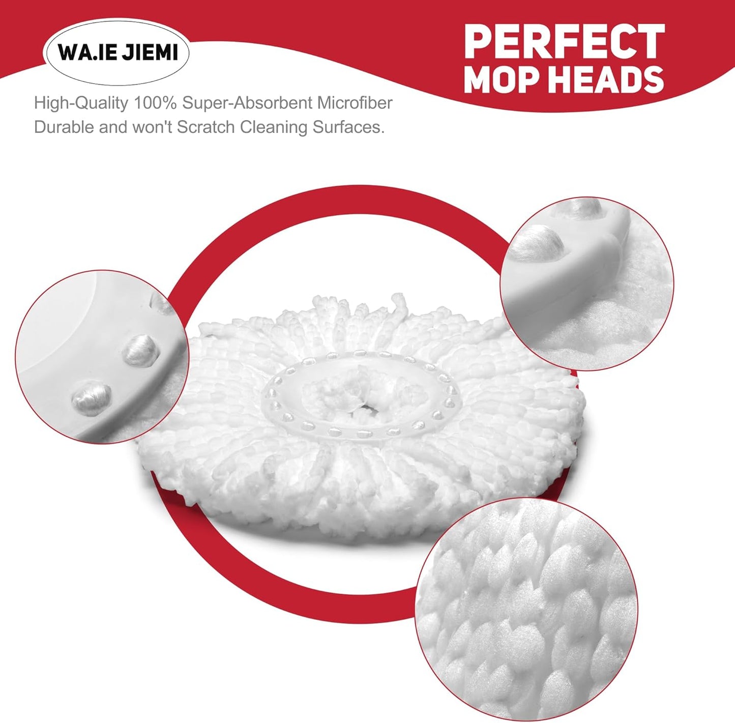 4-Pack White Mop Replacement Heads with 1 Spin Mop Scrub Brush - Microfiber Replacement Mop Heads Universal for 360°Spin Magic Mopping,Round Shape Standard Size