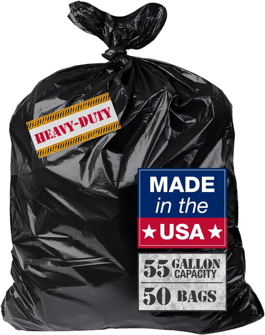 Extra Heavy Duty Black Contractor Garbage Bags 55 Gallon, 50 Trash Bags, Construction Grade, 3 mil, Made in USA