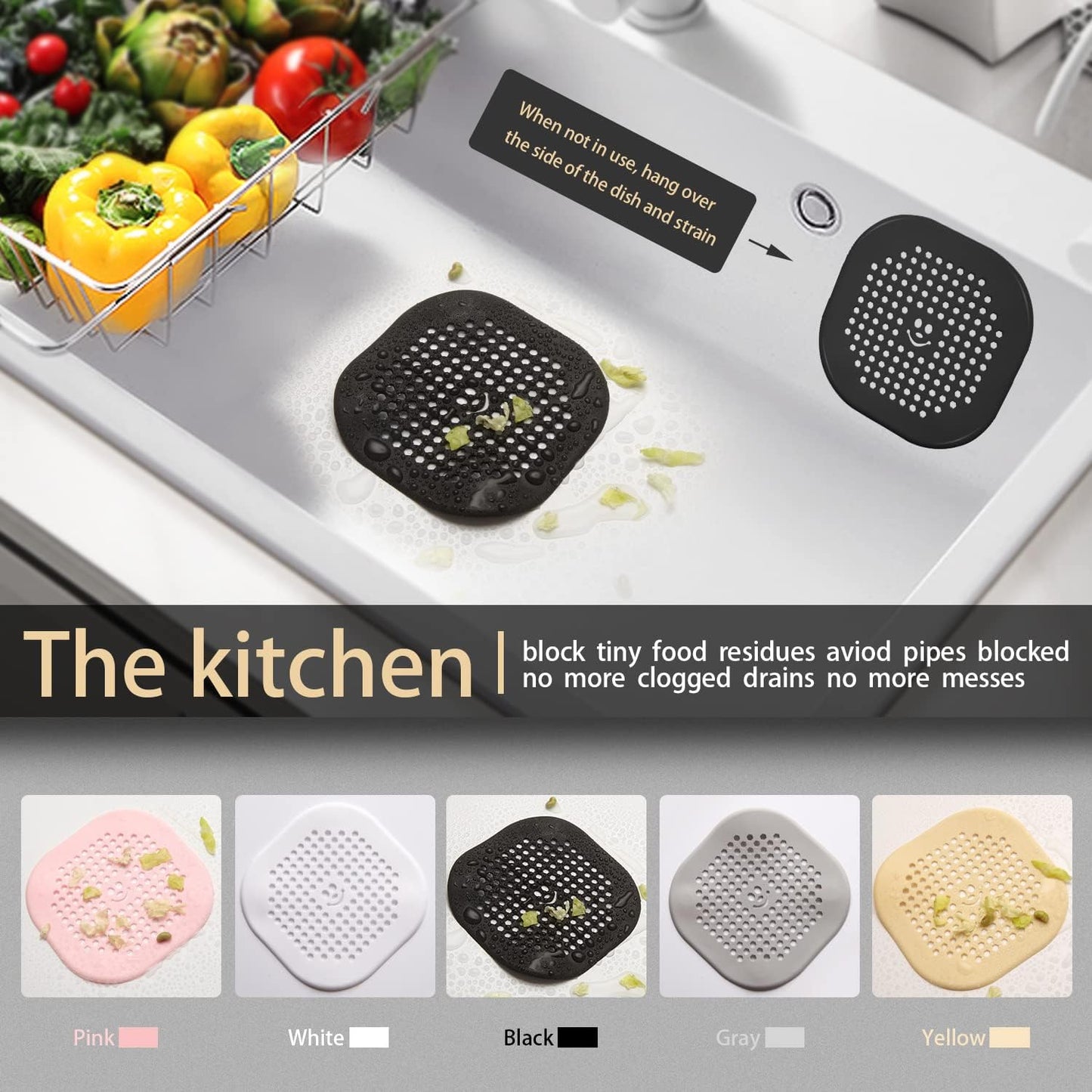 2 Pack Shower Drain Hair Catcher Silicone Drain Protector Hair Stopper with Suction Cup for Shower Kitchen Bathroom Black Grey