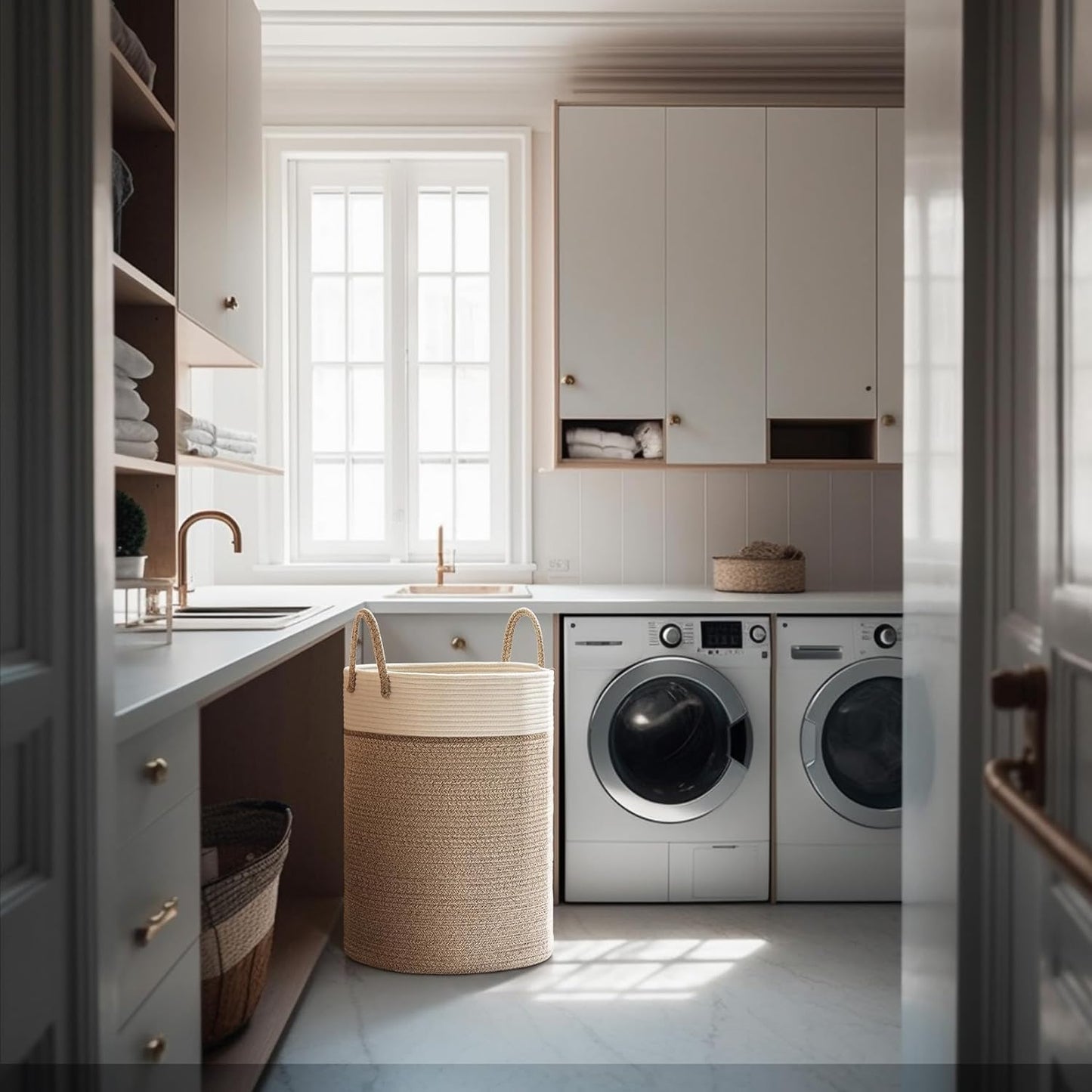 LA JOLIE MUSE Woven Basket Rope Storage Baskets - Tall Cotton Basket, Laundry Basket for Blanket, Kids Toy, Nursery Clothes Hamper Basket-L