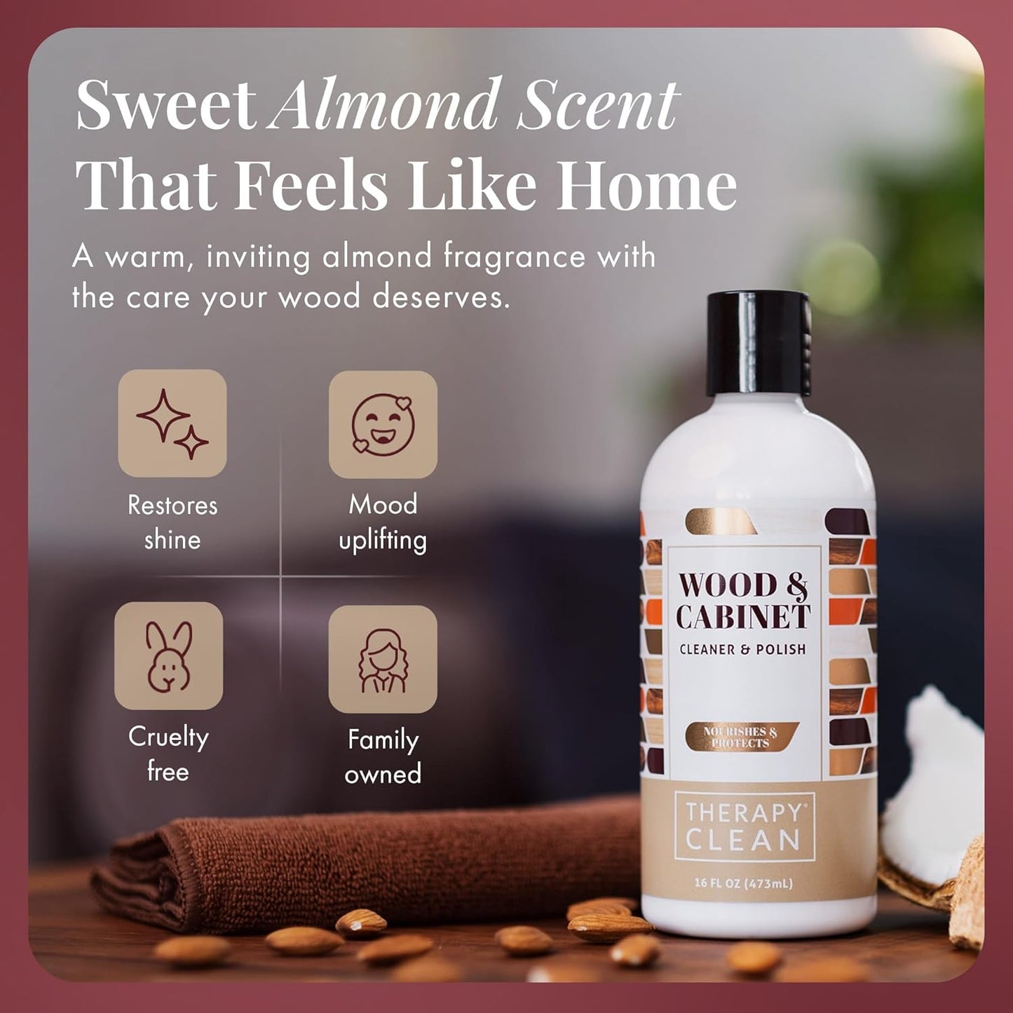 Therapy Wood Cleaner & Polish 16 oz. (2-Pack with Microfiber Cloth) - Wood Cabinet and Table Cleaner - Conditioner - Almond Scent