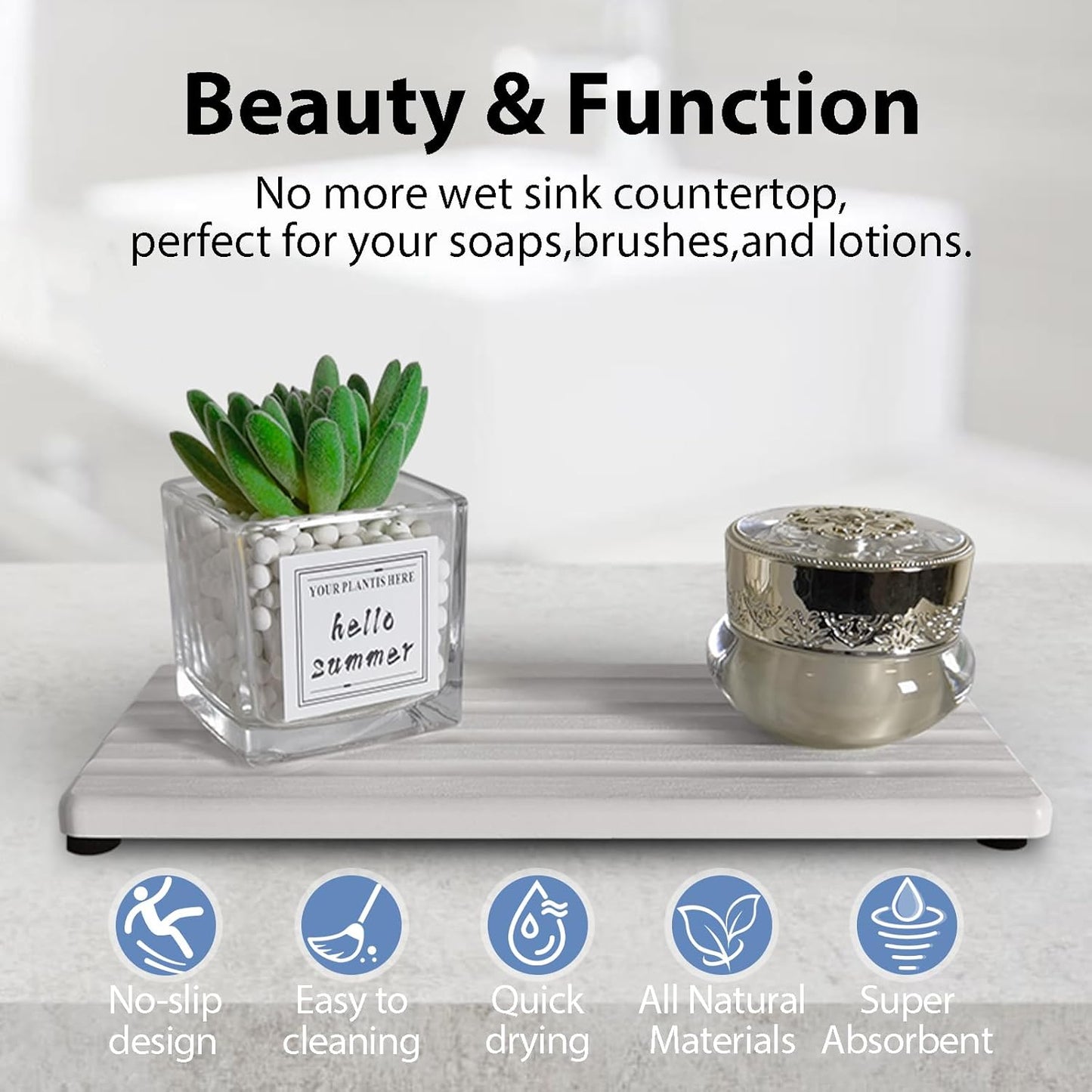 2 PCS Water Absorbing Stone Trays for Bathroom Sink & Kitchen Counter, Fast-Drying Diatomite Sink Caddy, Vanity Tray, Hand Soap Holder with Anti-Skid Pads (White, 8.7" x 4"/22 x 10cm)