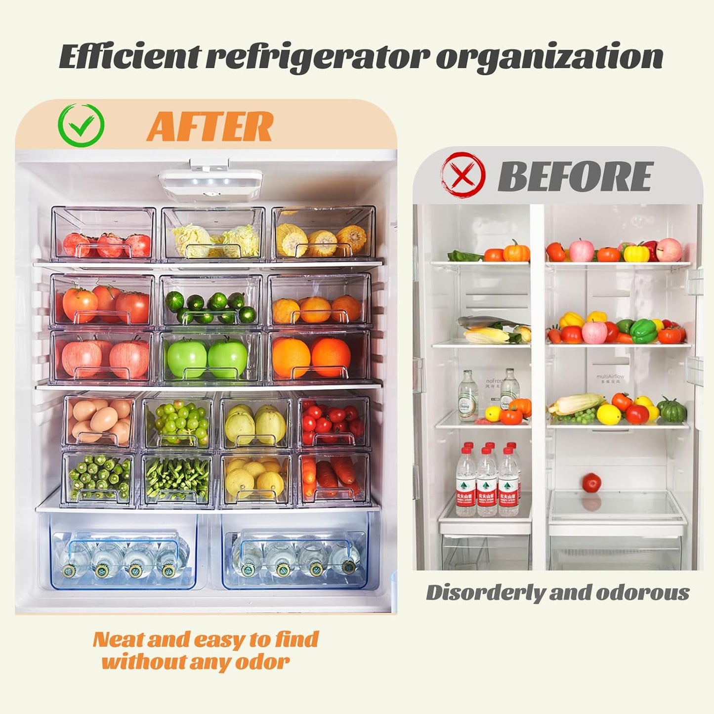 PeJeyiee 6 Pack Clear Stackable Refrigerator Organizers and Storage Drawers - Pull-Out Fridge Bins with Anti-Slip Base & Easy Clean, Plastic Organizers for Kitchen Pantry Cabinet Closet (Large)