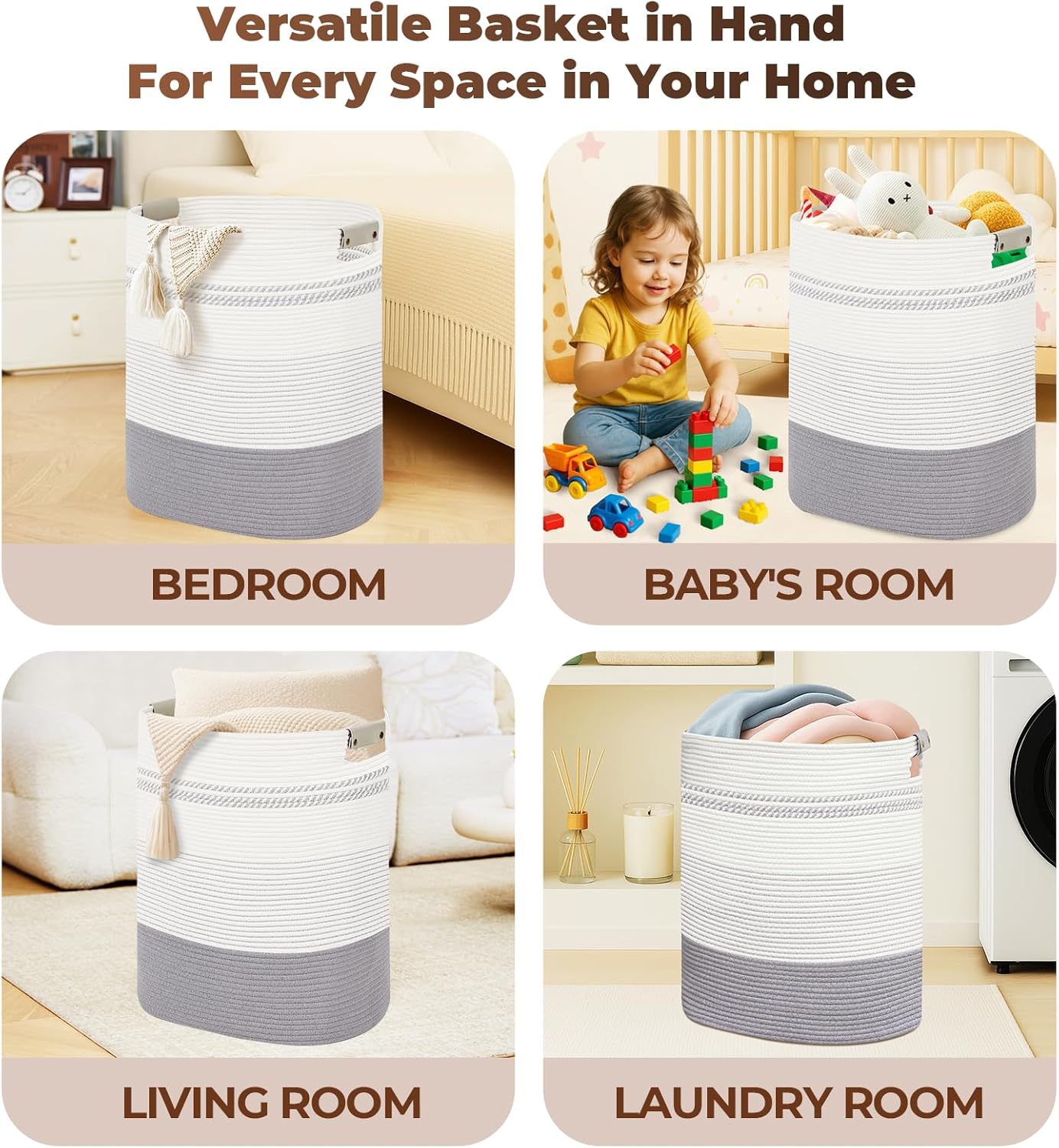 Laundry Basket with Handles - Blanket Basket & Hampers for Bedroom Aesthetic, Laundry Hamper & Blanket Storage for Living Room, Clothes Hamper, Tall, Large 17" x 14" x 22”, Grey