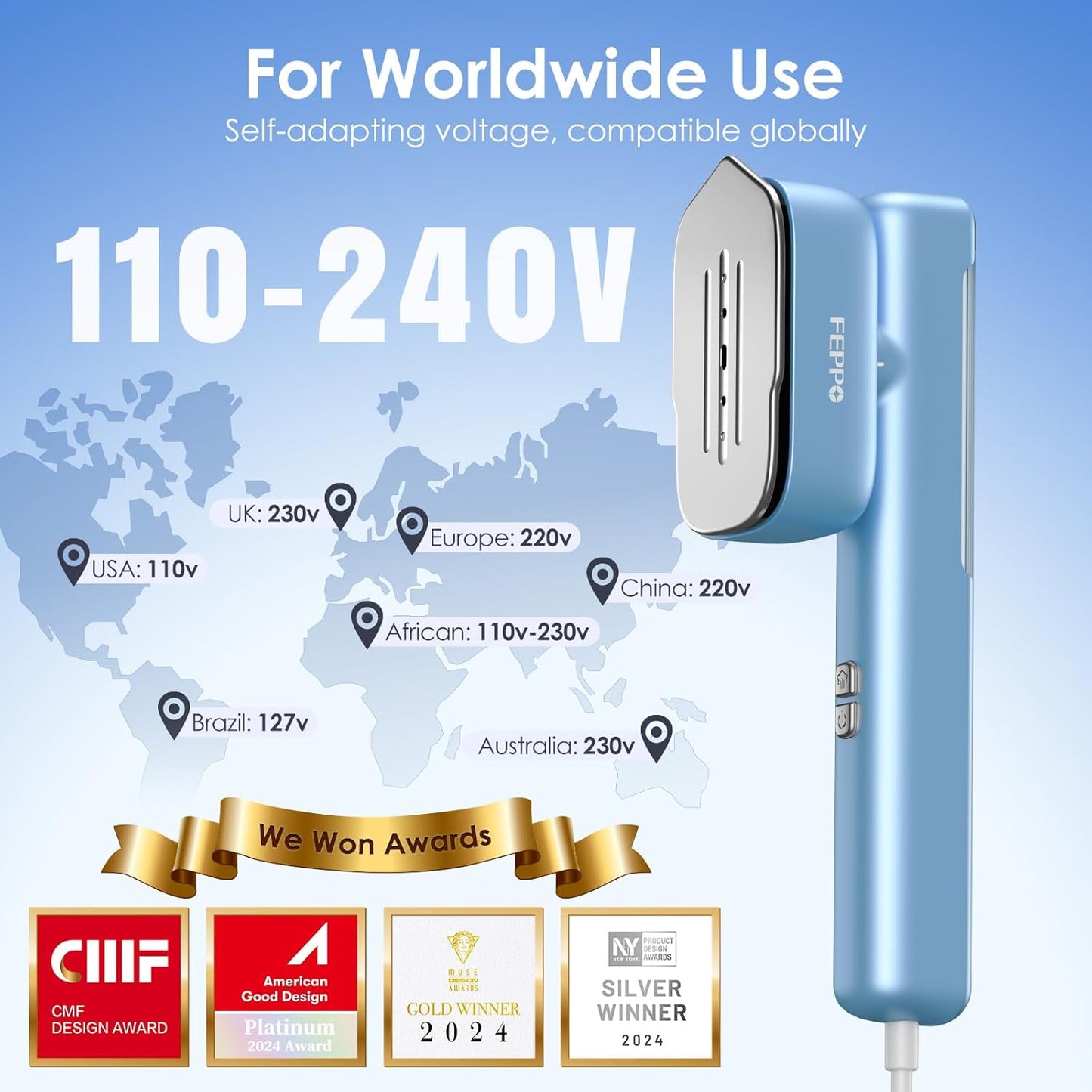 FEPPO Travel Steamer for Clothes, 110-240V Dual Voltage Portable Steamer & Iron 2 in 1, Fast Heat Up, 1100W Powerful Garment Steamer, Large Ceramic Heat Panel for Home & Global & Europe Traveling