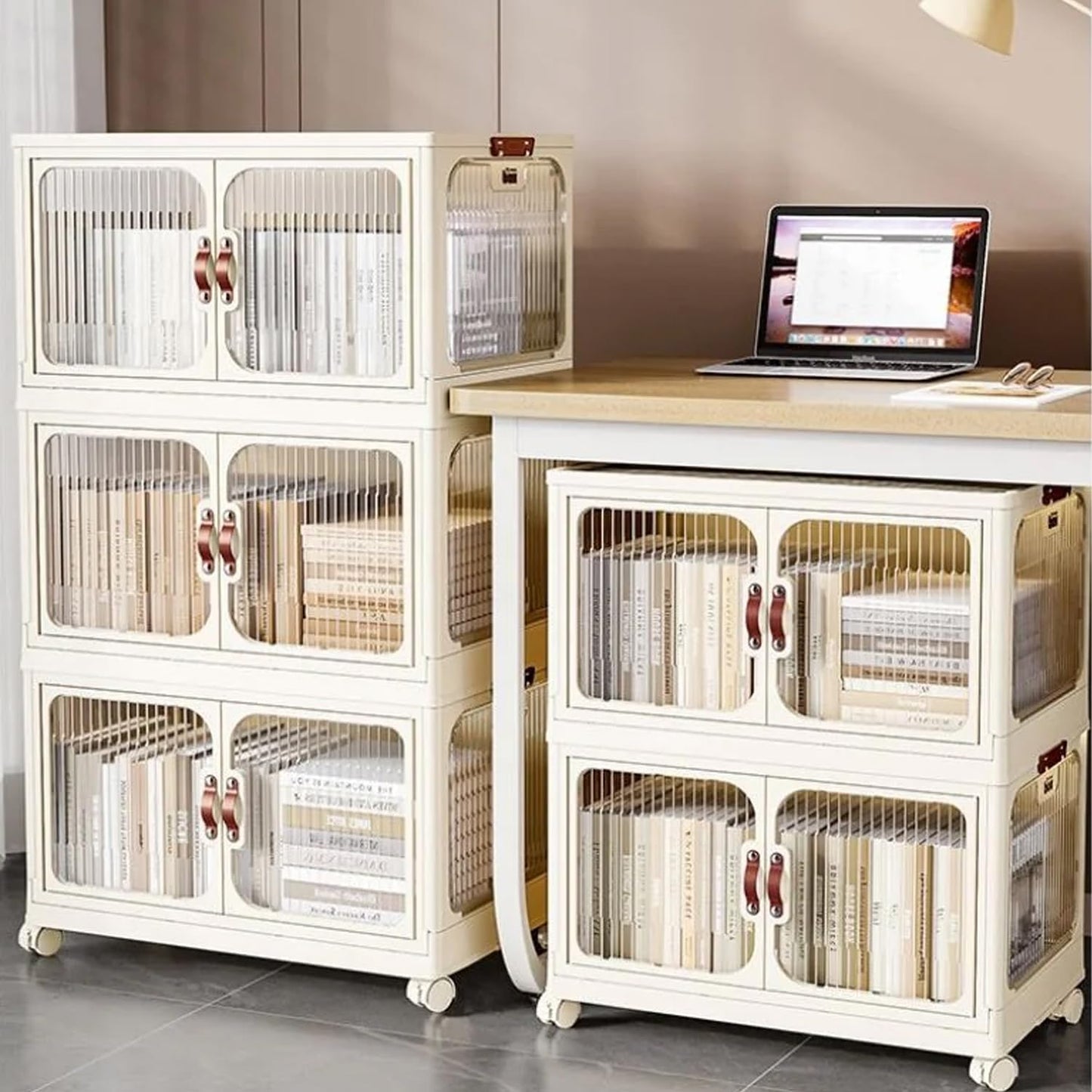 Multi-Purpose Stackable Plastic Storage Bins with Wheels & Lids - Space-Saving Foldable & Collapsible Organizers for Home, Pantry, Office, Dorm, Craft Room & Closet (3 Layers)