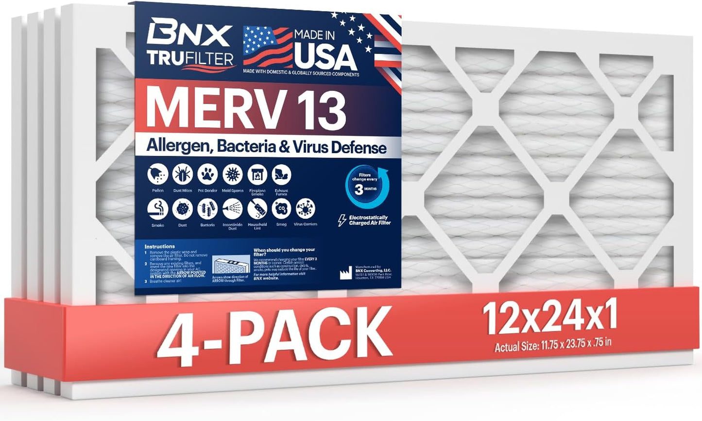 BNX TruFilter 12x24x1 Air Filter MERV 13 (4-Pack) - MADE IN USA - Electrostatic Pleated Air Conditioner HVAC AC Furnace Filters for Allergies, Pollen, Mold, Bacteria, Smoke, Allergen, MPR 1900 FPR 10