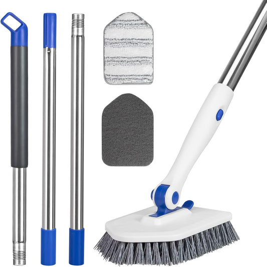 Tile Tub Scrubber Brush with 52-inch Adjustable Long Handle 3-in-1 Rotatable Shower Brush for Cleaning，3 Different Replacement Brush Heads for Cleaning Tub Tile Bathroom Kitchen Walls ，Blue