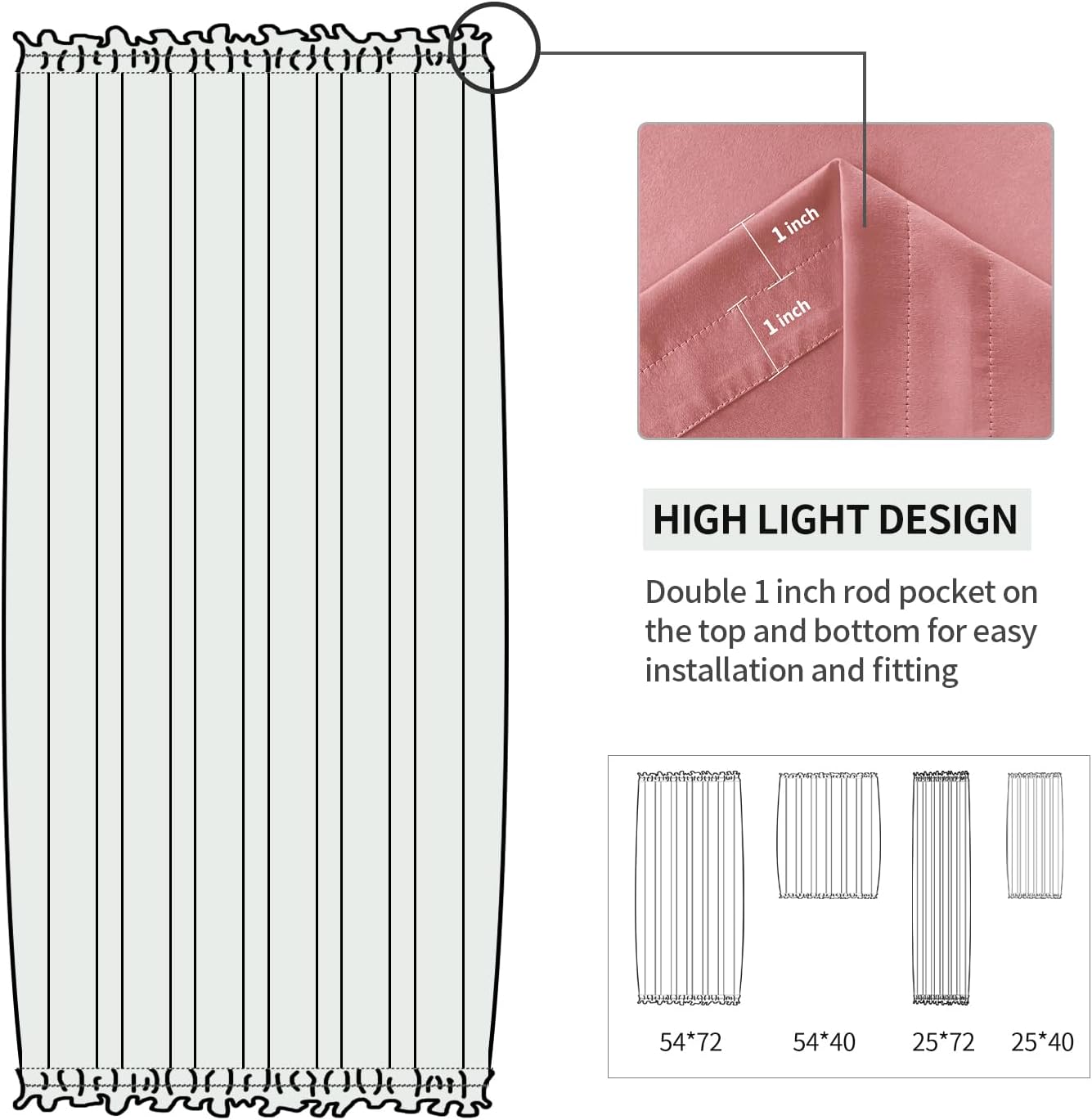 DWCN French Door Curtains – Rod Pocket Thermal Blackout Curtain for Window/Doorways/Kitchen/Classroom/Patio Doors for Privacy, 54W by 72L Inches, 1 Panel with Tieback, Dry Rose