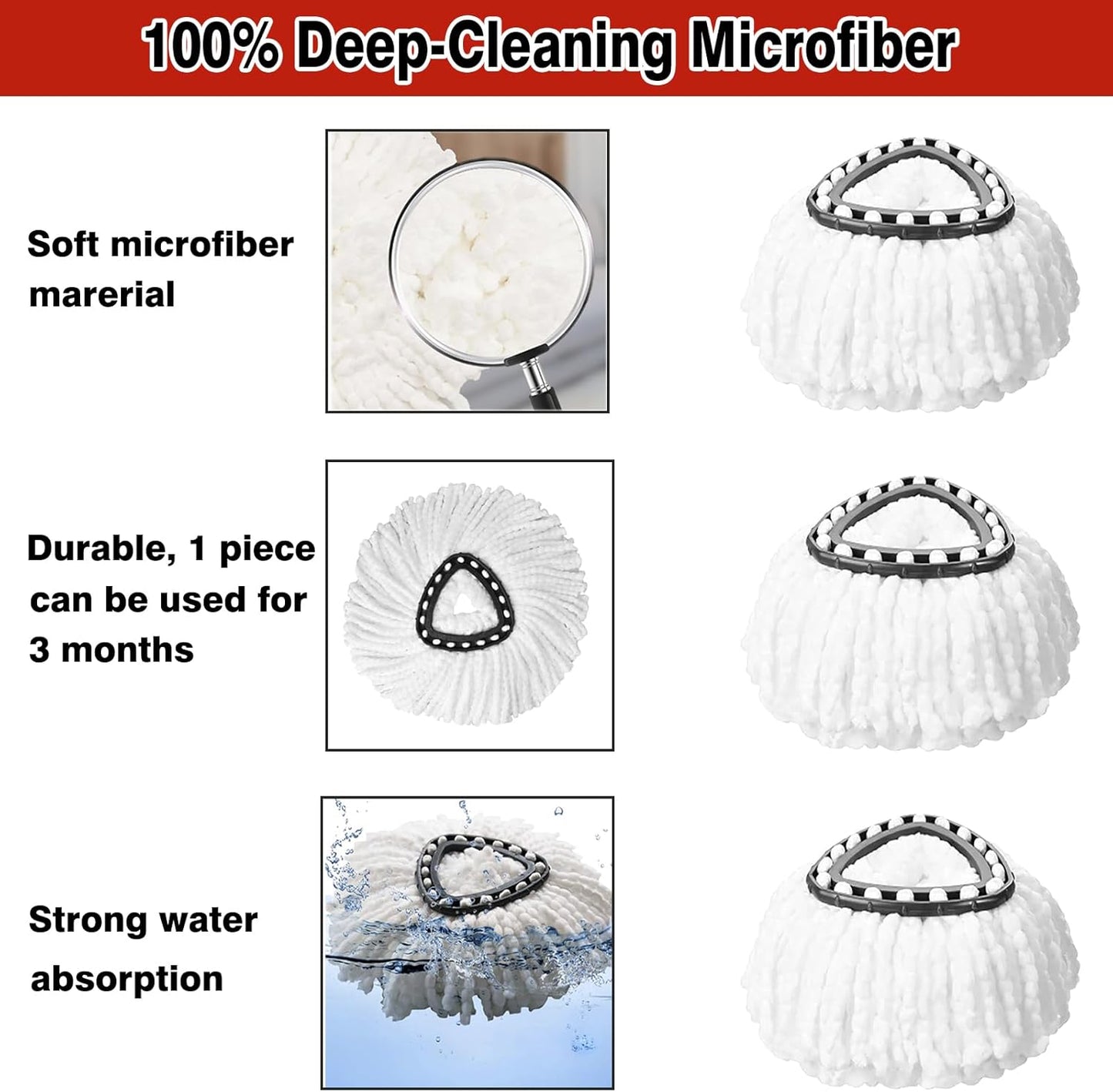 12 Pack Spin Mop Replacement Heads, 100% Microfiber Spin Mop Refill for Easy Wring Compatible with Triangle Spin Mop, 360 Degree Spinning Mop Replace Head for Floor Cleaning