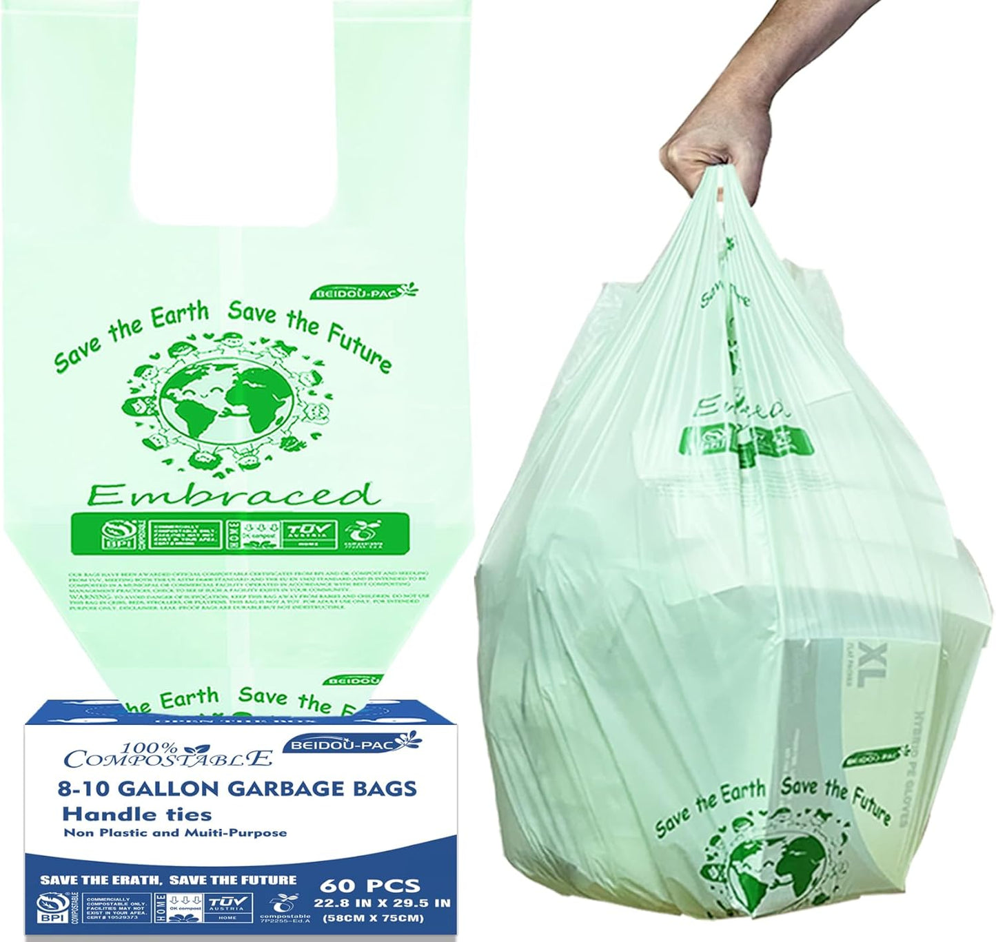 8-10 Gallon Compostable Trash Bags, 60 Count - Kitchen & Food Scrap Waste Bags, Sturdy & Biodegradable, ASTM D6400, US BPI Certified