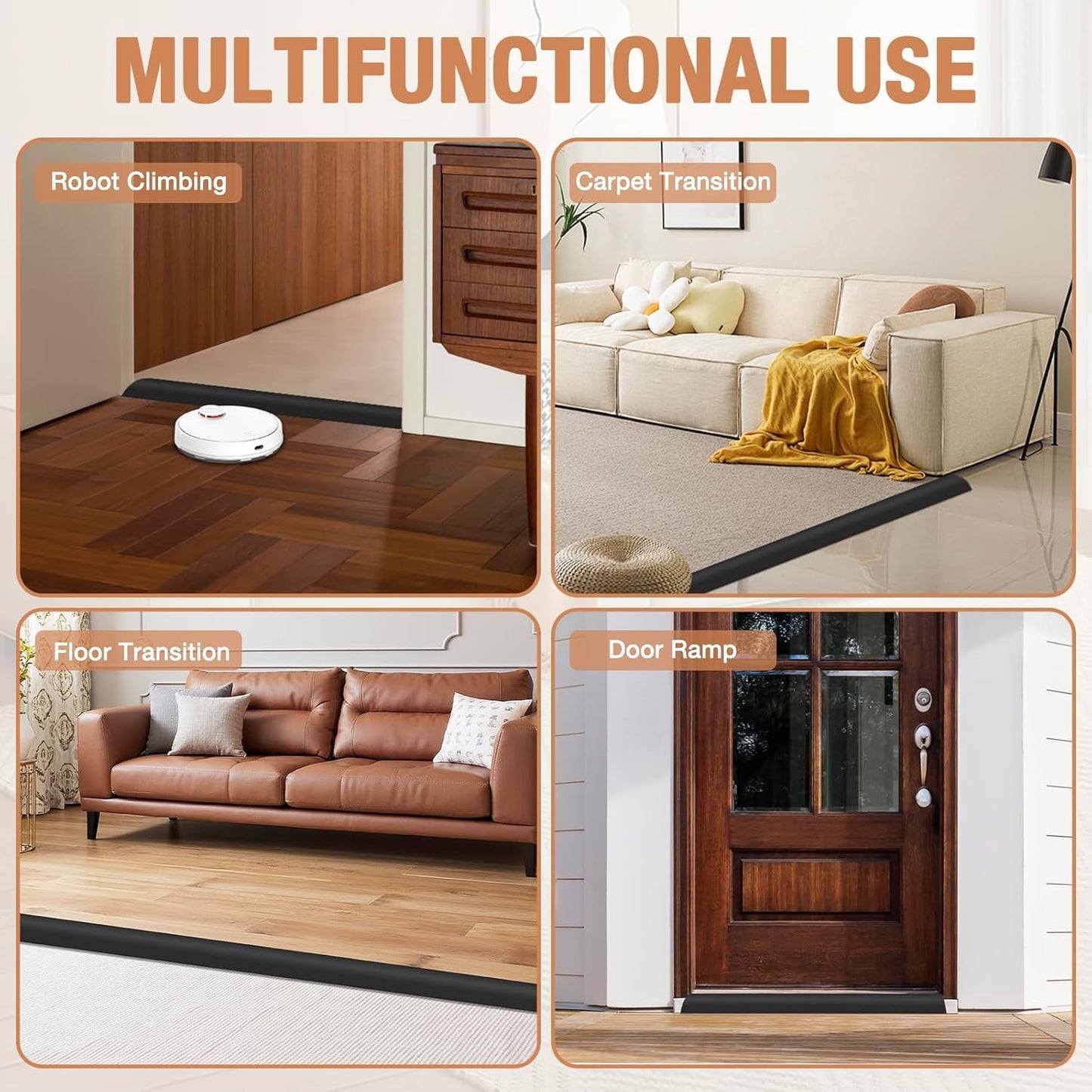 Floor Transition Strip Self Adhesive Vinyl Door Threshold for Doorways Carpet Edging Trim Overlap Edge Reducer for Laminate Floor, Carpet, Tile (Black, 1/5" to 2/5", 6.6Ft)