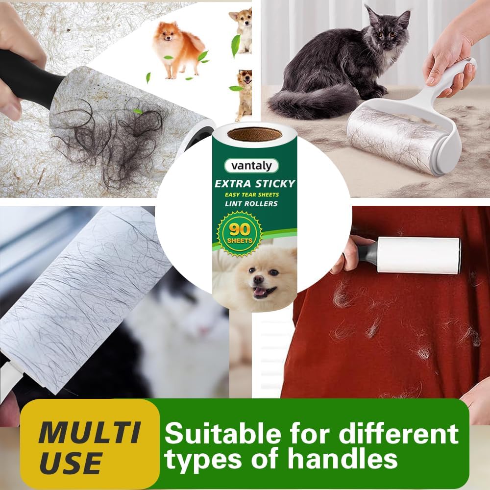 Extra Sticky Lint Roller Refills,Fits Most 3.9"-4" Standard Size Lint Roller with Inner Diameter at 1.5", 8 Pack with 720 Sheets Total, Pet Hair Remover for Clothes, Car, Furniture