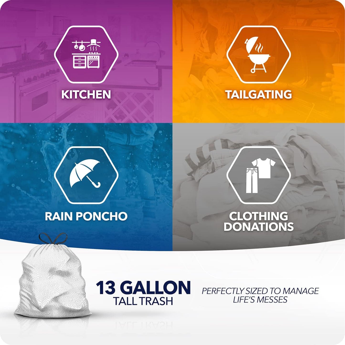 Color Scents Tall Kitchen Trash Bags - 13 Gallon, 20 Bags (5 Pack of 20 Count), Drawstring - Silver Bag in Simply Clean Scent with Microban