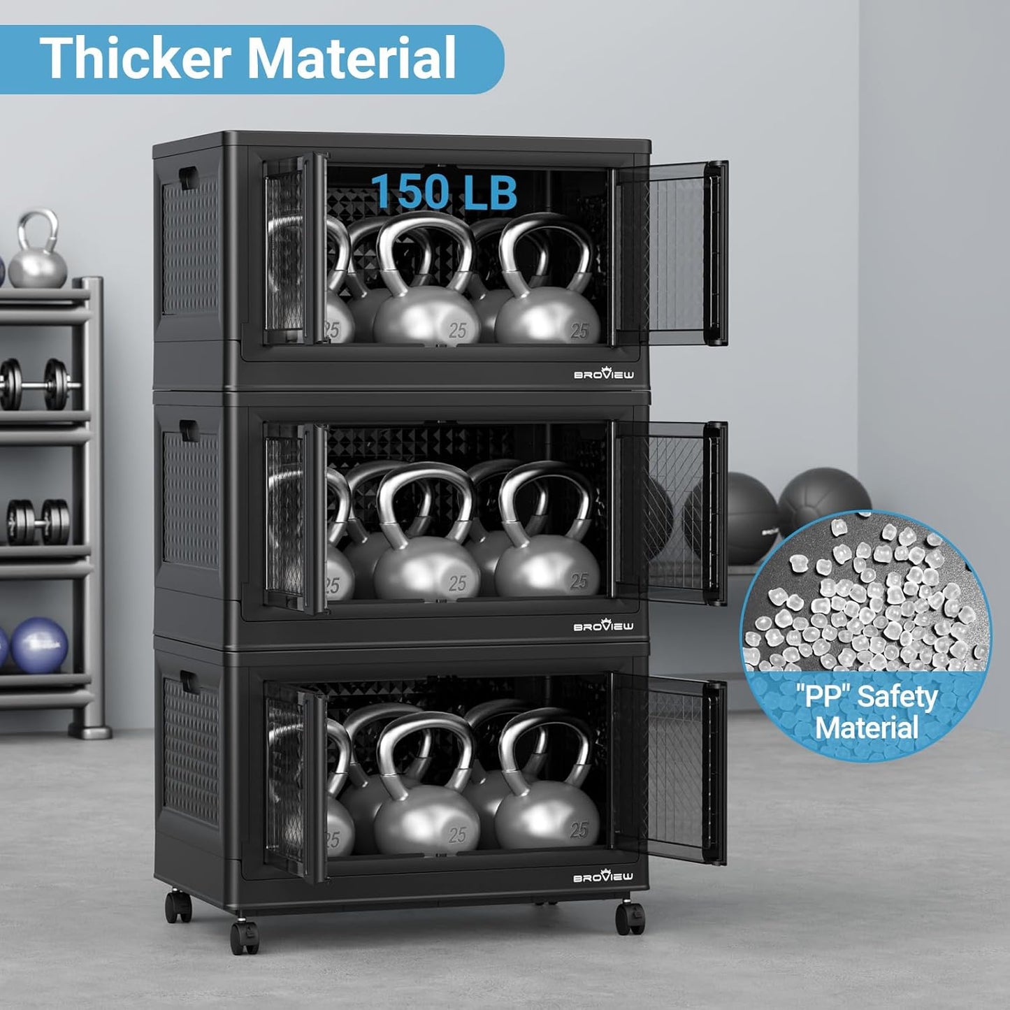 BROVIEW 500 Qt Stackable Storage Bins with Lids & Doors, 5 Pack Plastic Closet Organizer and Storage Drawers with Wheels, Large Collapsible Storage Boxes, Cabinet for Home, Office, V10, Black