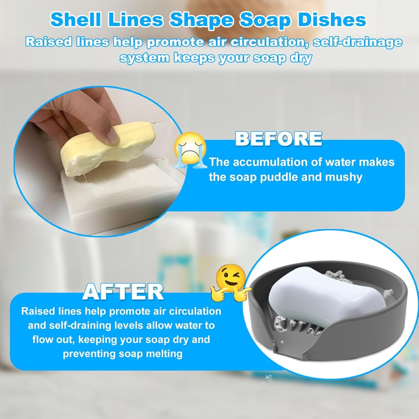 Self Draining Soap Dish, Silicone Suction Cup Soap Holder Tray Savers Container Sponge Holder for Bar Bathroom Shower Kitchen Sink, Can Extend Soap Life (1, Gray)