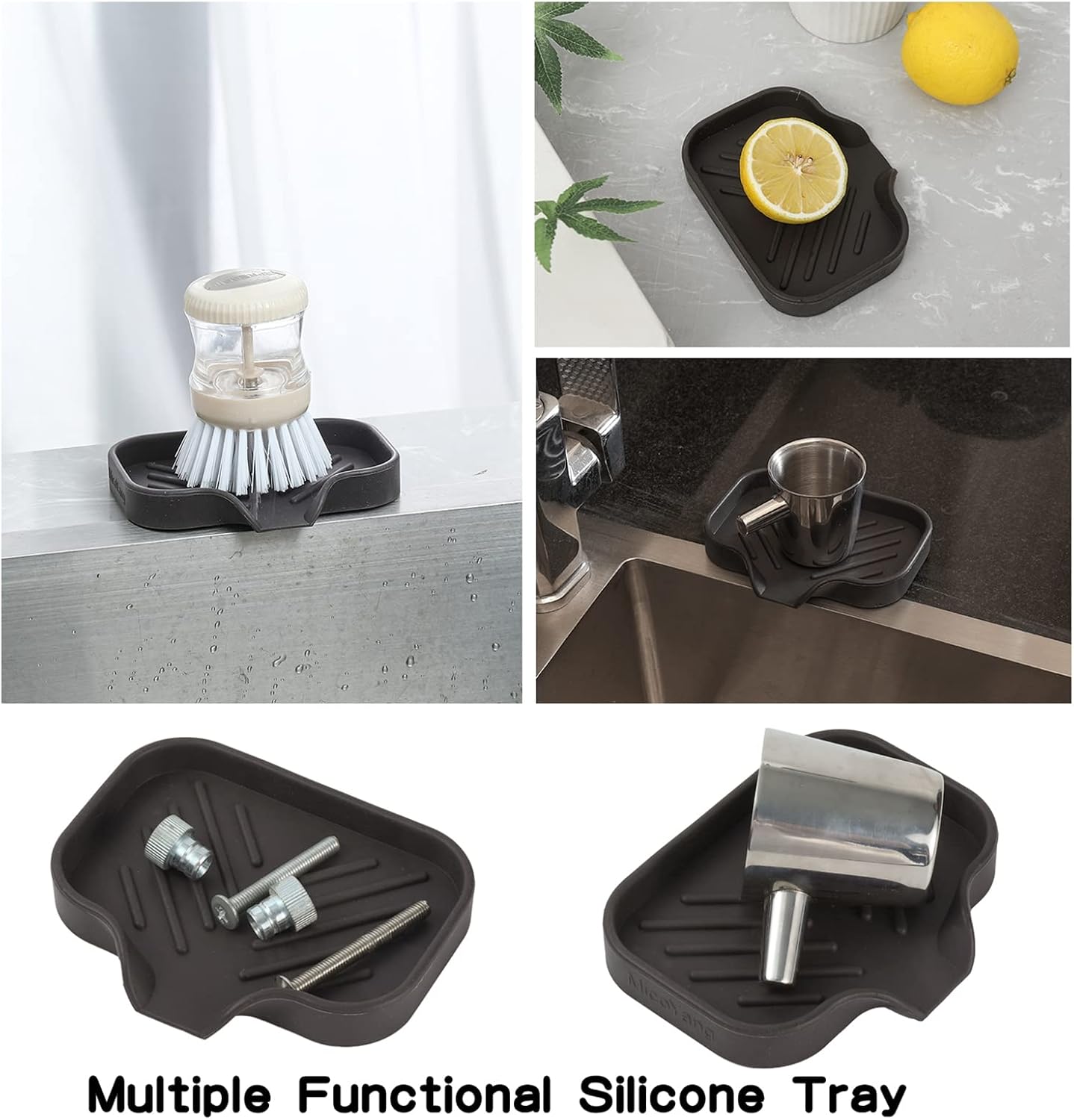 Silicone Bathroom Soap Dishes with Drain Spout-Bathroom and Kitchen Sink Organizer,Sponge Holder,Dish Soap Tray,Perfect for Dispenser,Scrubber,Bottle,Cup on Sink or Counter-Coffee 4.9"×3.2"