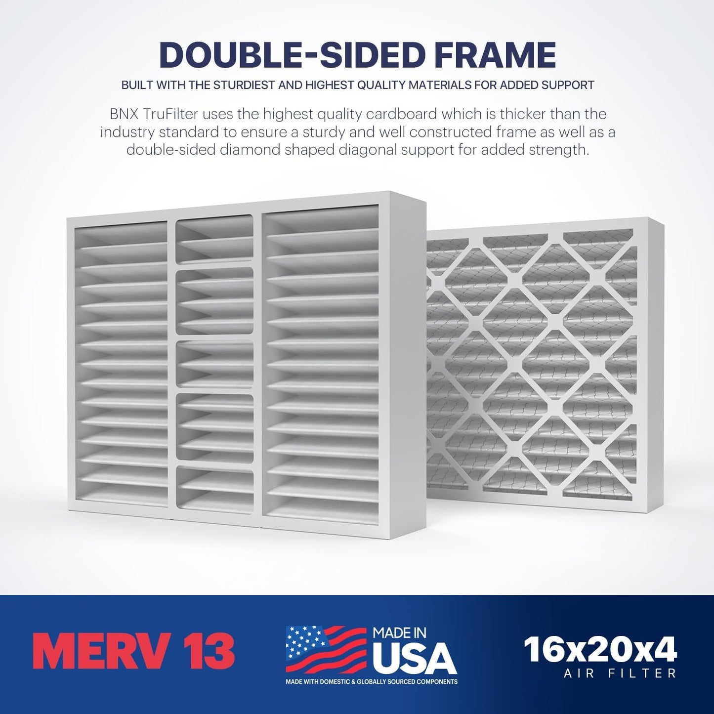 BNX TruFilter 16x20x4 (15.5’’ x 19.5’’ x 3.63‘’ Slim Fit) MERV 13 Air Filter (2-Pack) - MADE IN USA - Air Conditioner HVAC AC Furnace Filters Health, Allergies, Mold, Bacteria, Smoke, MPR 1900 FPR 10