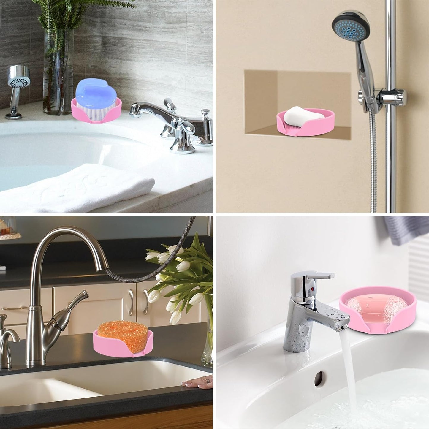 Self Draining Soap Dish, Silicone Suction Cup Soap Holder Tray Savers Container Sponge Holder for Bar Bathroom Shower Kitchen Sink, Can Extend Soap Life (2, Pink)