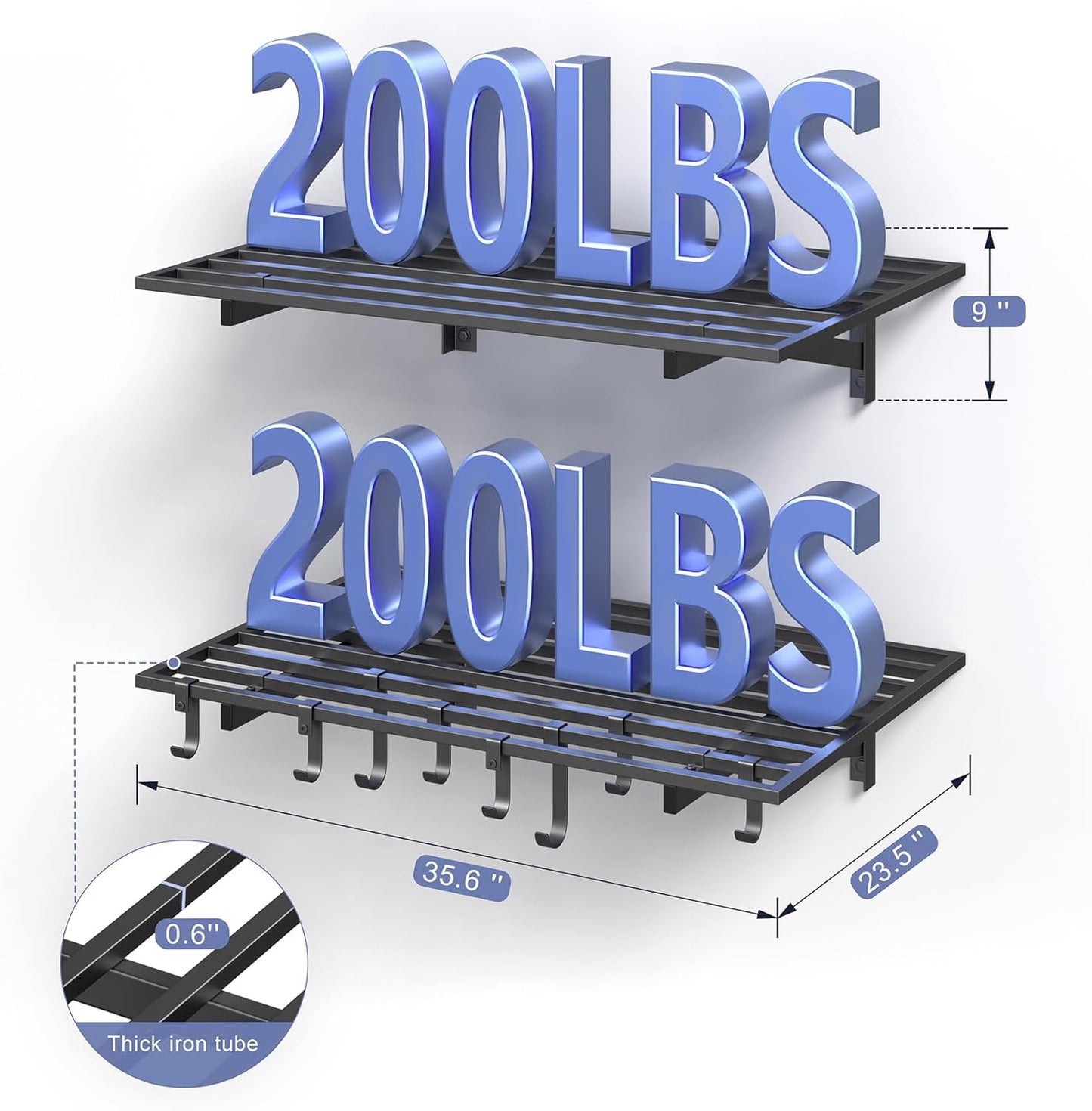 2-Pack 2x3ft Garage Shelving Wall Mounted, 2' x 3' Heavy Duty Garage Storage Shelves with Hooks, 400LB Capacity