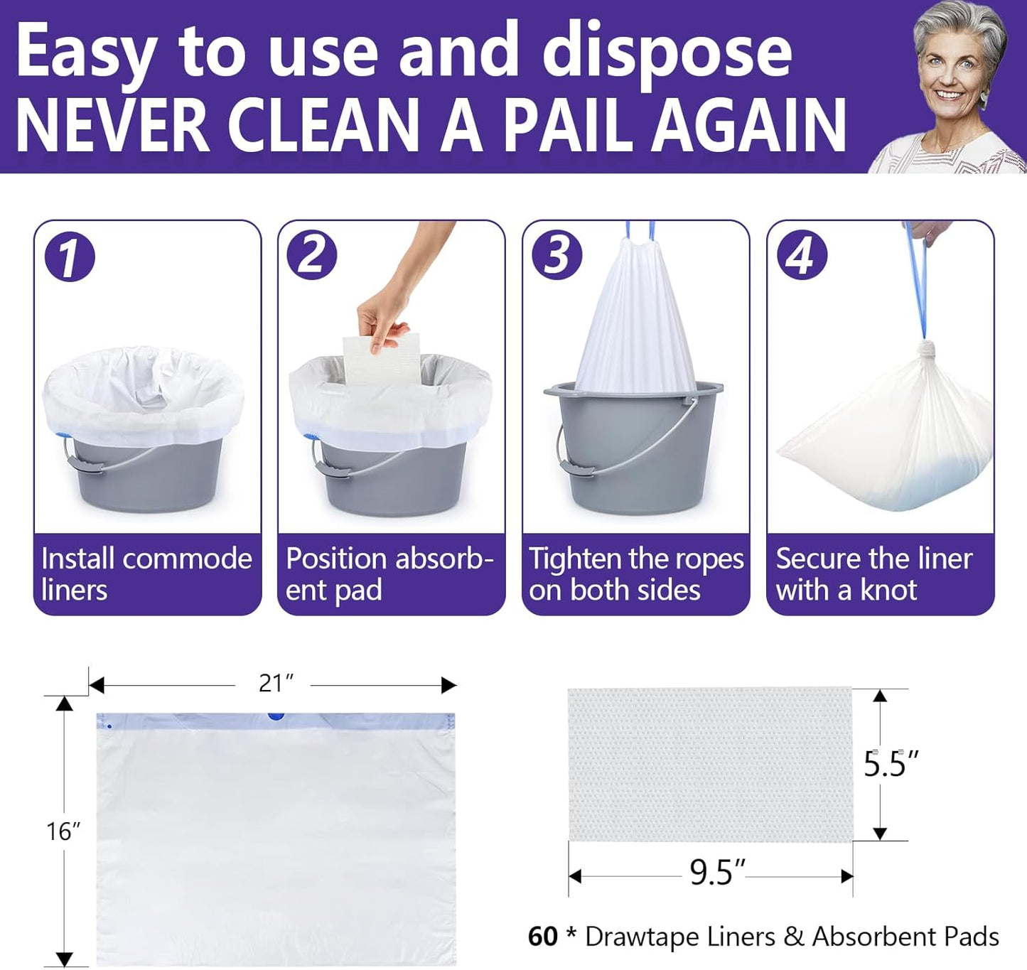 Senvok Commode Liners with Highly Absorbent Pads - 60 Pack | Lavender Scent | Leak-Proof Medical Grade Disposable Liners for Bedside Commode & Adult Toilet Care