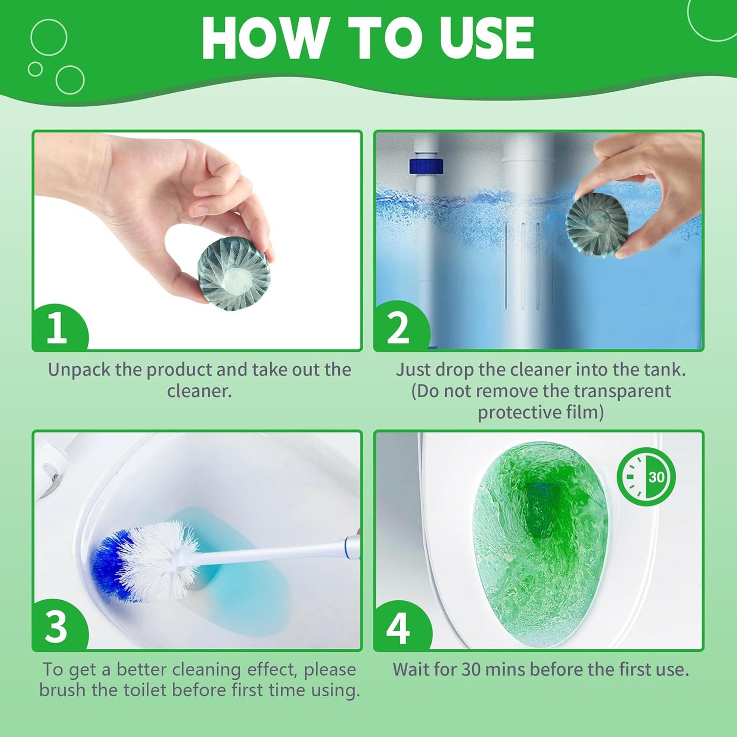 Toilet Bowl Cleaner Tablets, Automatic Toilet Bowl Cleaners, Long-Lasting Toilet Tabs Drop in Tank for Deodorizing & Descaling, Green, 12 Packs