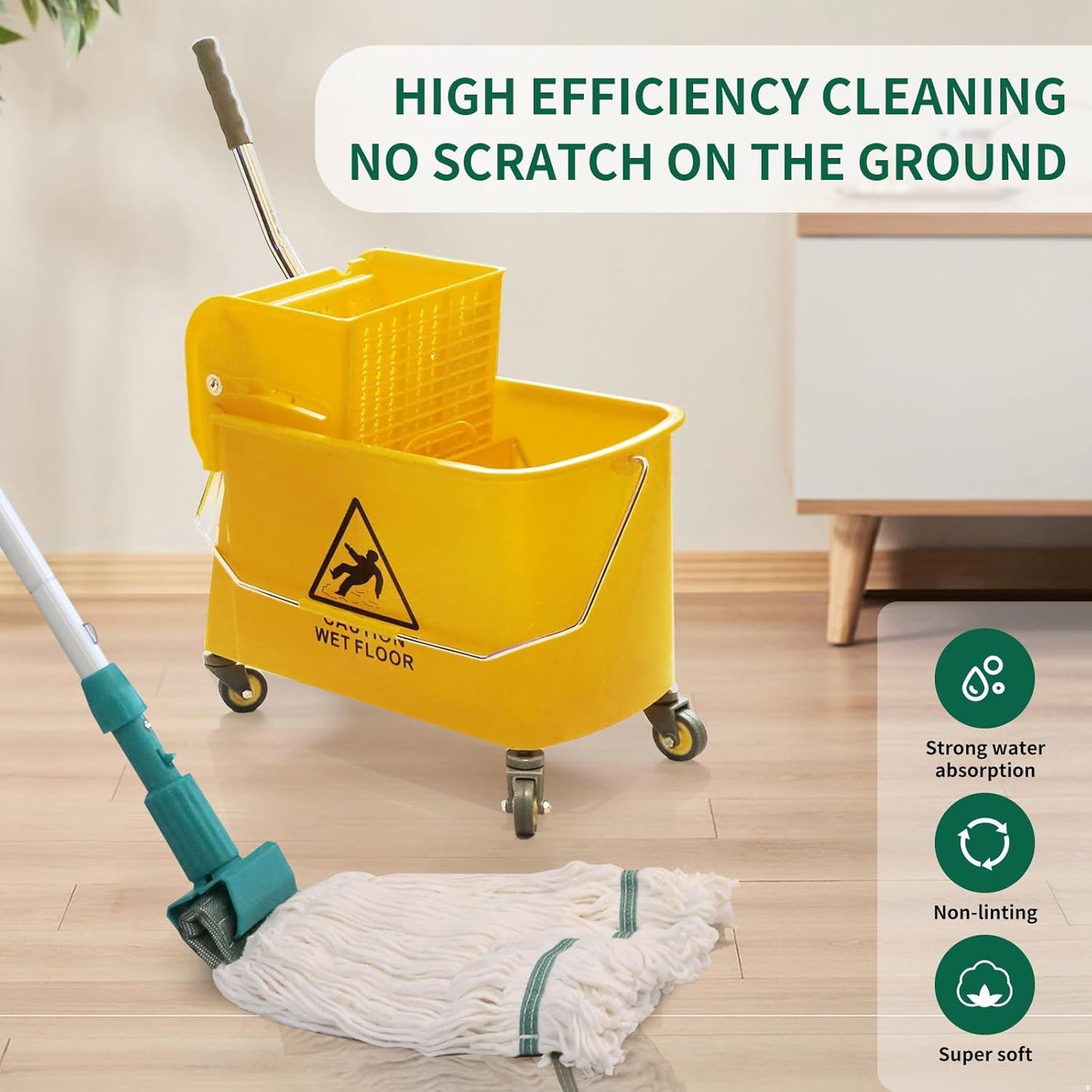22 Qt (5.5 Gallon) Mop Bucket with Wringer for Floor Cleaning, Handle, Wheels, 16.5" L x 10.6" W x 26.4" H, Yellow,Add One Loop-end String Mop