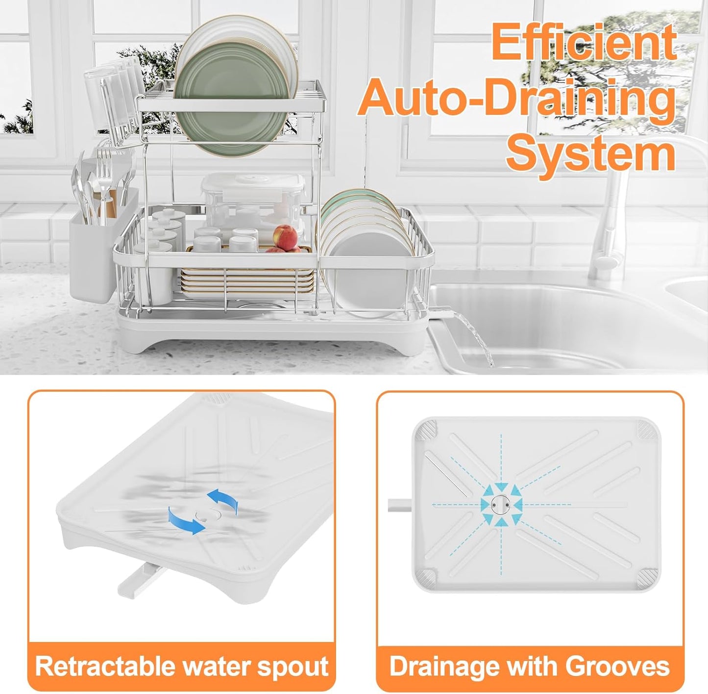 Dish Drying Rack - 304 Stainless Steel Dish Rack for Kitchen Counter, Adjustable Spout Auto-Draining Dish Rack, 2-Tier Kitchen Organizers and Storage Rack with Drainboard and Cutlery Holder White