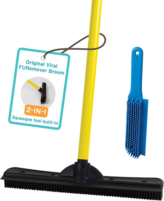 FURemover Original Pet Hair Rubber Broom with Squeegee, with 58” Telescopic Handle for Carpet, Tile and Hardwood and Handheld Lint Brush Combo