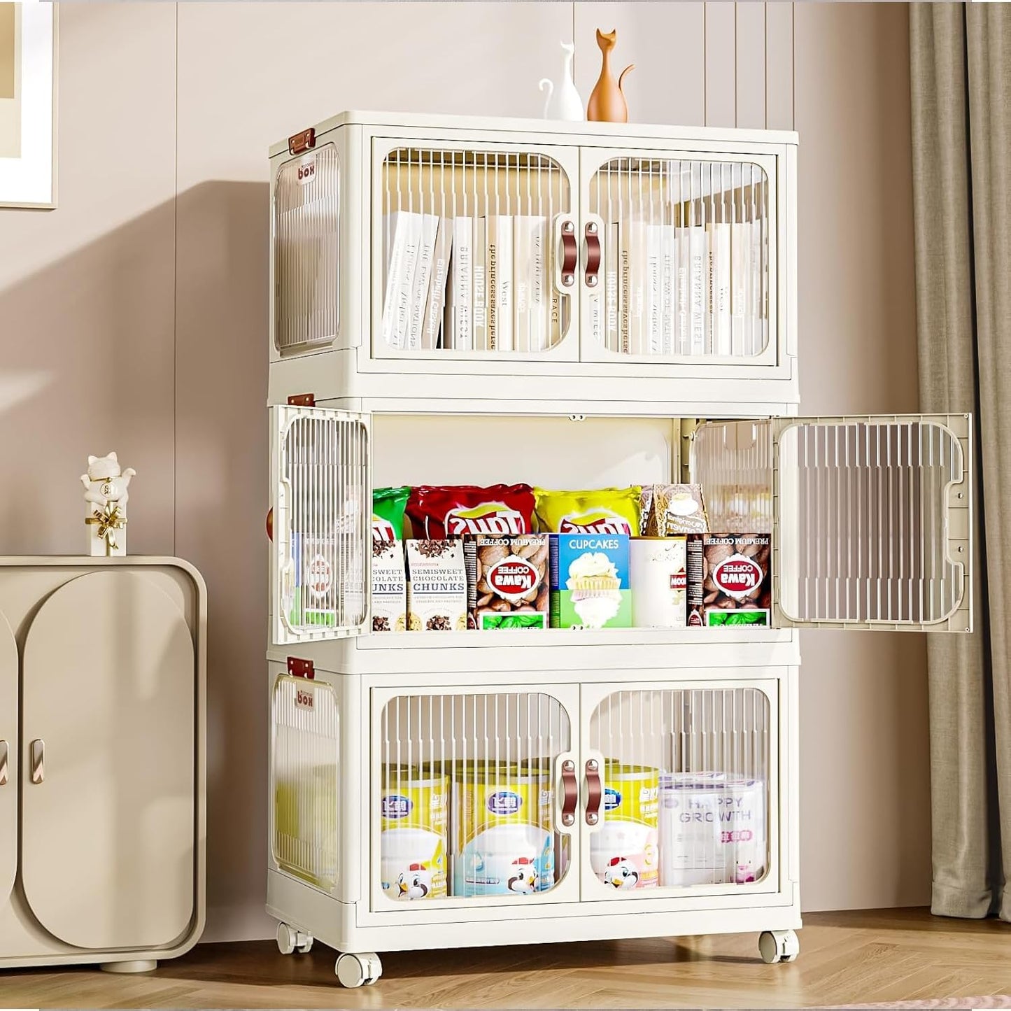 Multi-Purpose Stackable Plastic Storage Bins with Wheels & Lids - Space-Saving Foldable & Collapsible Organizers for Home, Pantry, Office, Dorm, Craft Room & Closet (3 Layers)