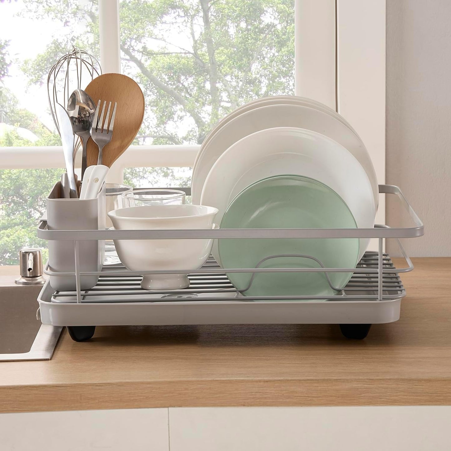 Dish Drying Rack 3 Piece Dish Drainer with Drainboard Set for Kitchen Counter – Dish Rack with Removable Utensil Holder & Swivel Spout for Countertop – DishRack for Plates, Cups & More, Silver