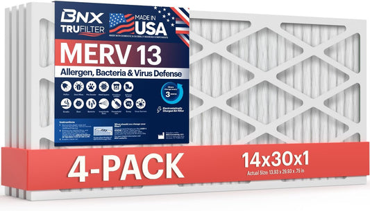 BNX TruFilter 14x30x1 Air Filter MERV 13 (4-Pack) - MADE IN USA - Electrostatic Pleated Air Conditioner HVAC AC Furnace Filters for Allergies, Pollen, Mold, Bacteria, Smoke, Allergen, MPR 1900 FPR 10