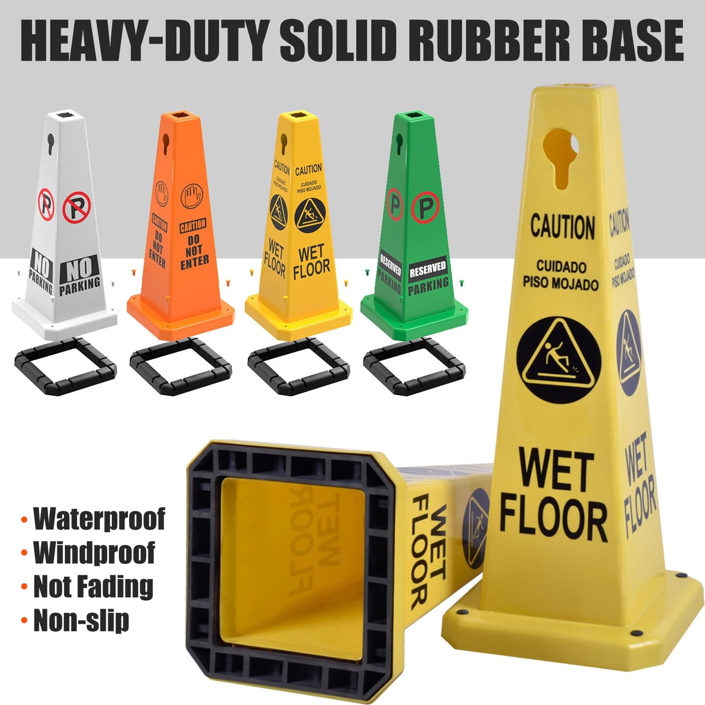 Plastic Traffic Cones, 4-Sided Message Cones, Road Safety Parking Cones, Standing Traffic Warning Signs for Cleaning Area, Garage, No Entry (8, Reserved Parking, Large)