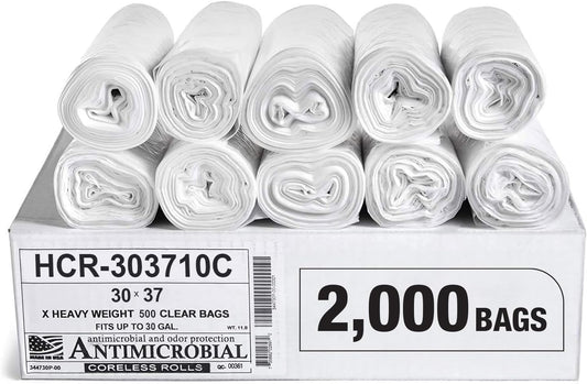 Aluf Plastics High Density Trash Bags, 30 Gallon, 2000 Count, 10 Micron (eq), 30" x 37", Clear, for Bathroom, Office, Industrial, Commercial, Janitorial, Municipal, Recycling