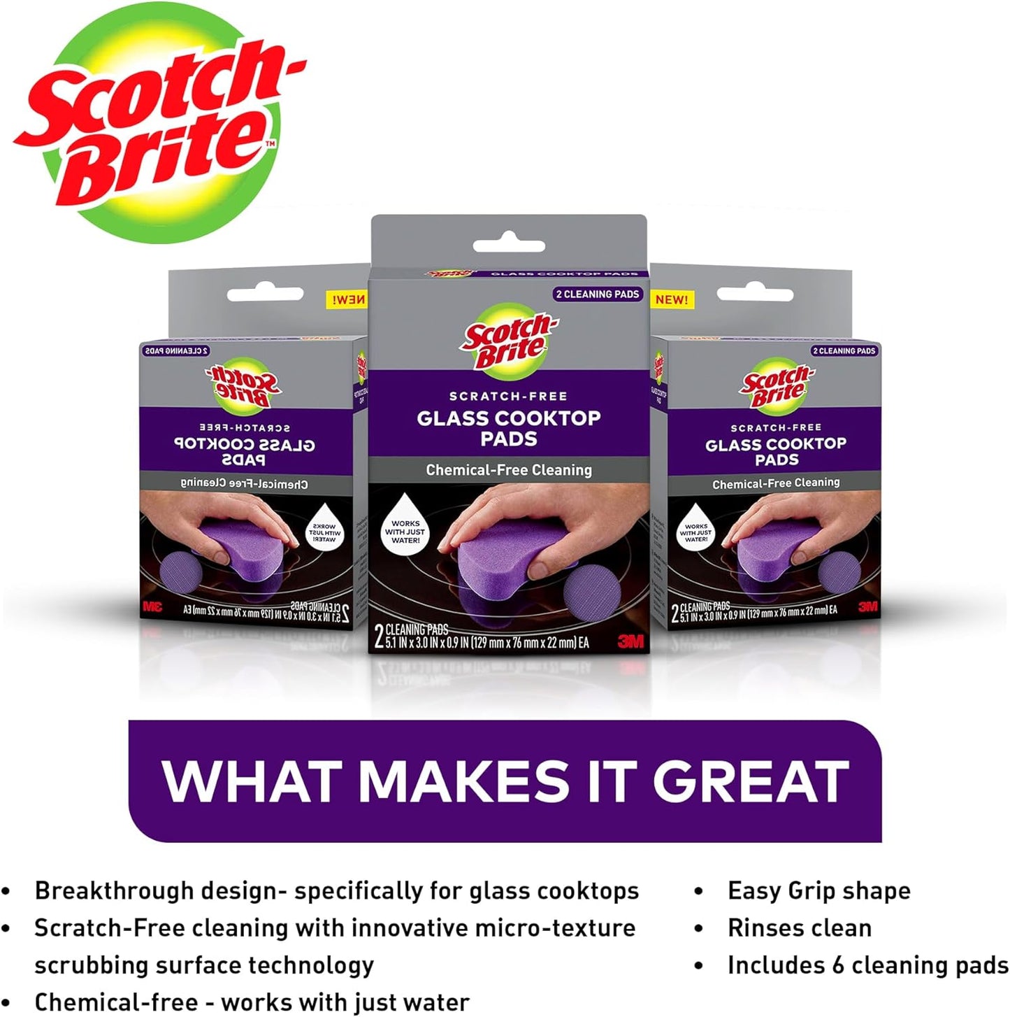 Scotch-Brite Glass Cooktop Pads, Scratch-Free & Non-Abrasive Scrubbers for Glass or Ceramic Stovetops, Cleans Burnt-On Messes with Just Water, Reusable Dishwasher-Safe Design (6 Pads)