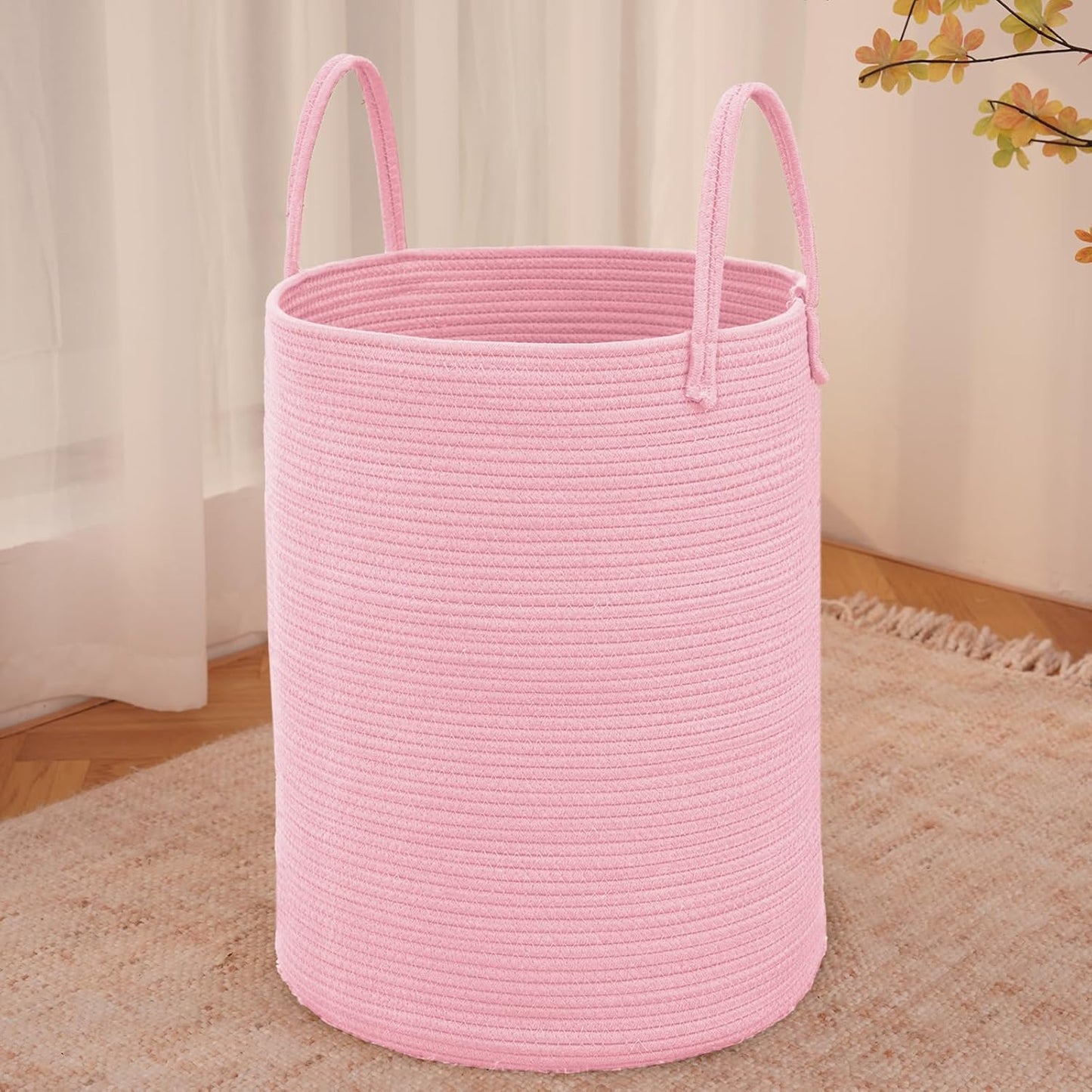 Large Woven Laundry Basket Hamper,80L Cotton Rope Storage Bin for Blankets,Toys and Clothes,Decorative Tall Nursery Hamper for Living Room,Baby Nursery,Bathroom and Bedroom,Pink