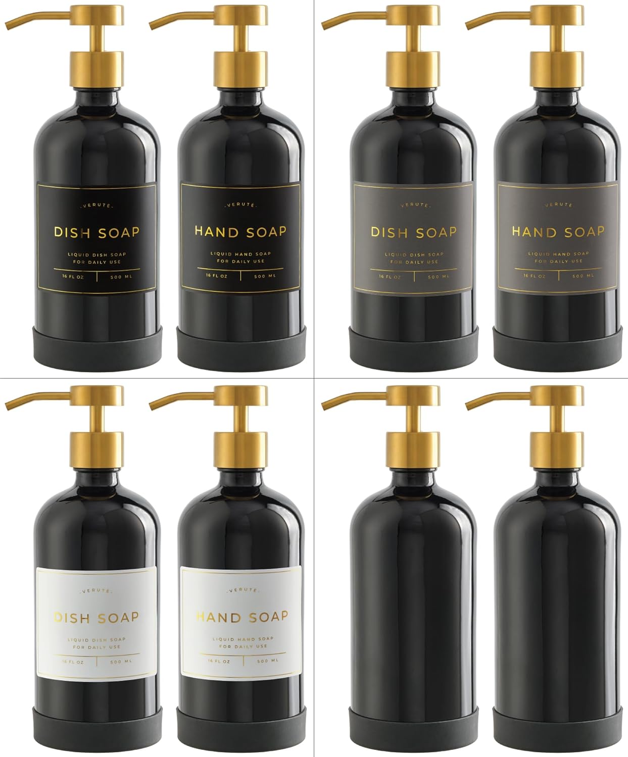 16oz Glass Soap Dispenser with Stainless Steel Pump, 21 Waterproof Labels, Non-Slip Protective Silicone Pad, Set of 2 for Bathroom & Kitchen (Gloss Black Bottle/Brushed Gold Pump)