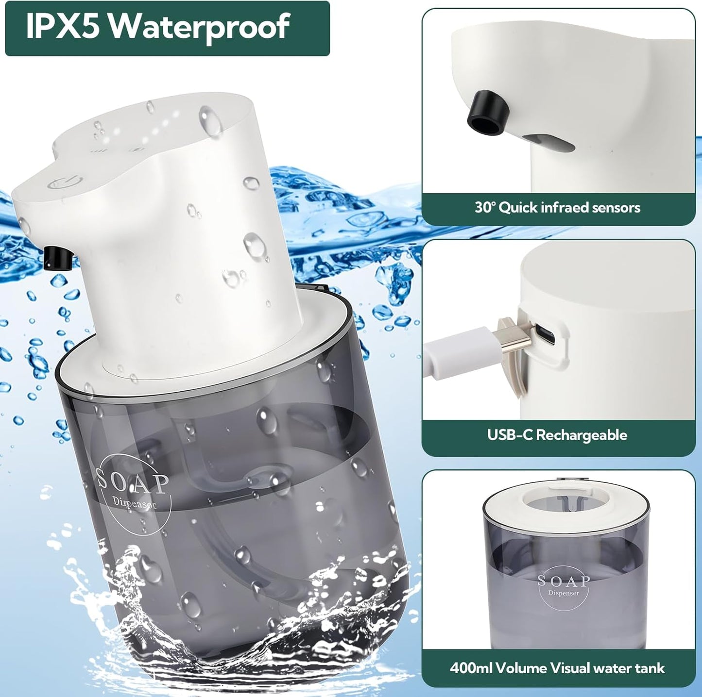 2 Pack Automatic Soap Dispenser, Touchless Automatic Liquid Soap Dispenser, Electric Wall Mounted Dispenser, 13.5oz/380ML USB Rechargeable with 4-Level Adjustment for Bathroom, Kitchen & Office