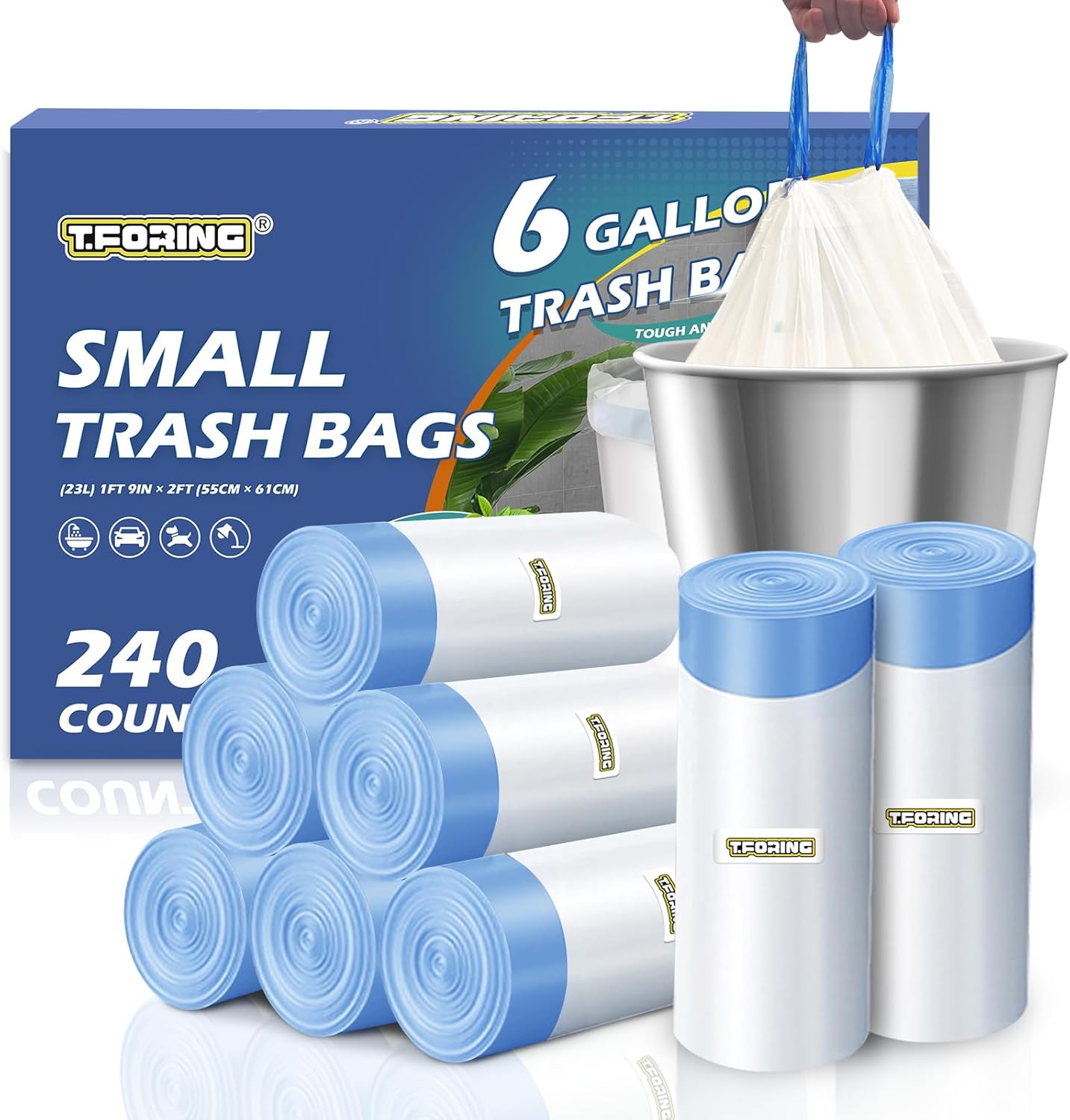 240 Count 6 Gallon Trash Bags Drawstring - Medium Garbage Bags 1.1 Mil,22.5 Liter Strong Plastic Trash Can Liners Unscented,Thick Waste Basket Bags for Home Bathroom Office Kitchen